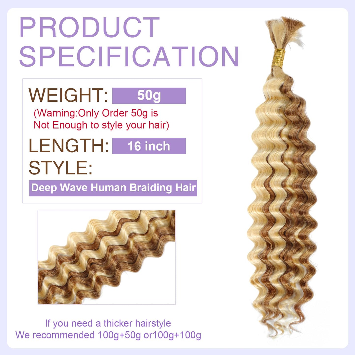 DSEKCAIN P27/613 Blonde Human Braiding Hair for Boho Braids Human Hair 1 Bundle 50g 16 Inch Deep Wave Crochet Braids Human Hair Curly Braiding Human Hair Bulk No Weft 16A Boho Human Hair for Braiding