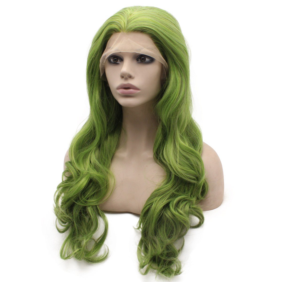 MX angel Long Wavy Hand Tied Swiss Lace Front Green Wig Synthetic