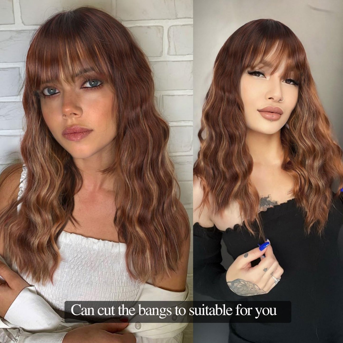 Fancy Hair Brown Highlight Wig With Bangs Medium Length Wavy Wig Synthetic Brown Mixed Blonde Natural Looking Wig With Bangs for Women Daily Party Use 18 Inch