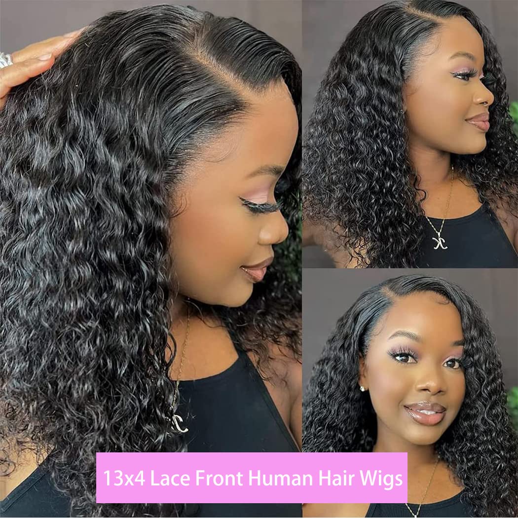 SWEETGIRL 16 Inch Curly Bob 13x4 Lace Front Wigs Human Hair Pre Plucked Hairline 180 Density Water Wave Bob Cut Frontal Wigs for Black Women Natural Color