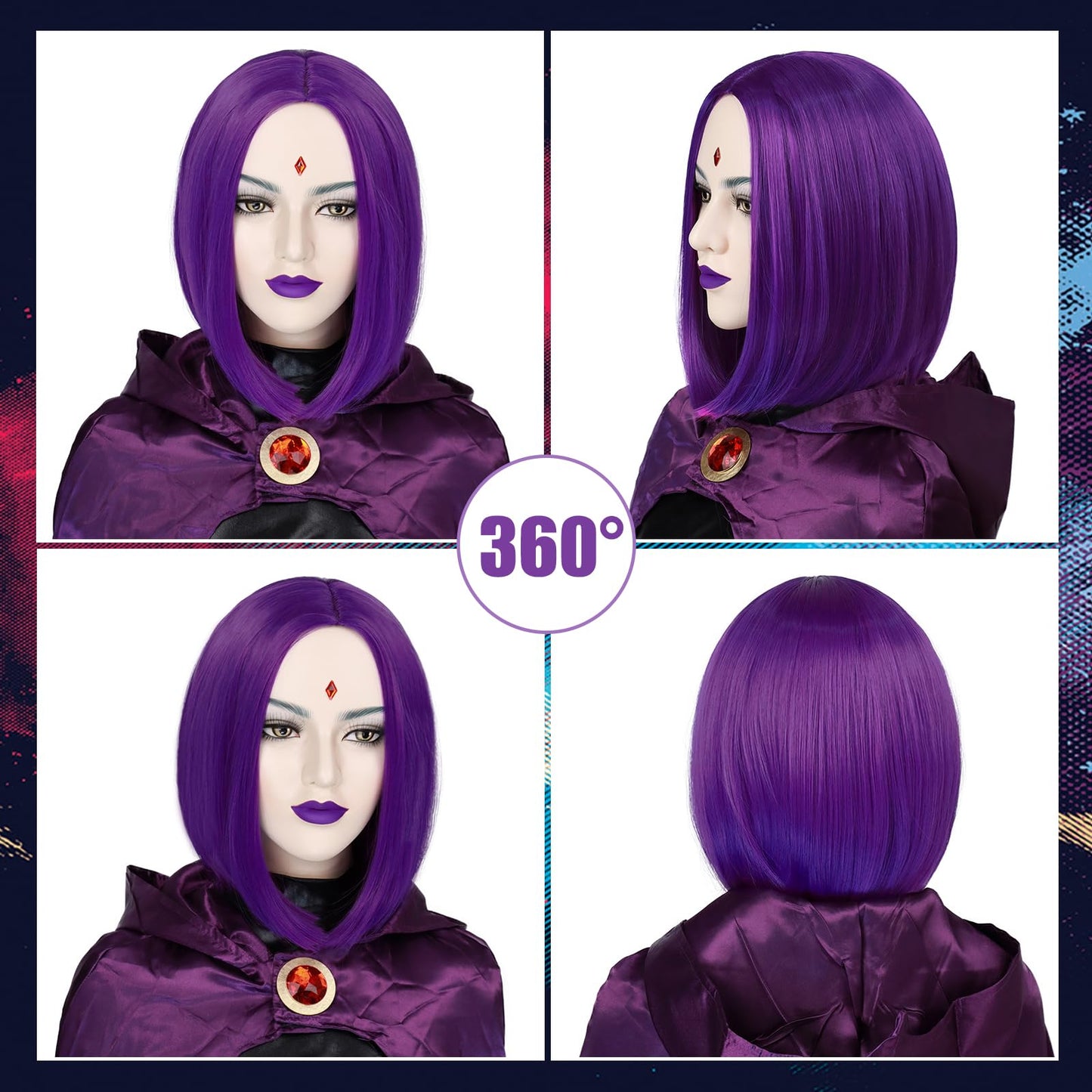 G&T Wig Purple Bob Wig for Raven Cosplay Superhero Purple Anime Wig with Ruby for Women's Raven Costume Halloween Cosplay Party