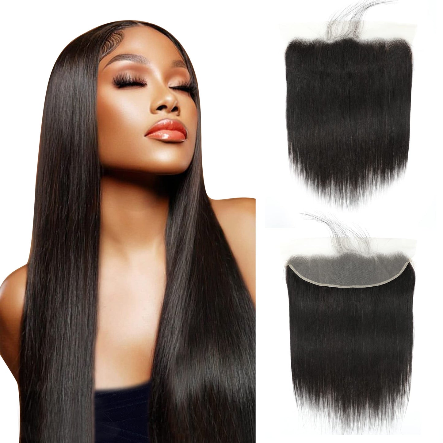 Straight Lace Frontal Closure,13x4 Ear to Ear 100% Virgin Remy Human Hair Transparent HD Lace Frontal Closure 150% Density Straight Hair Lace Frontal Closures With Baby Hair Natural Black(16 Inch)