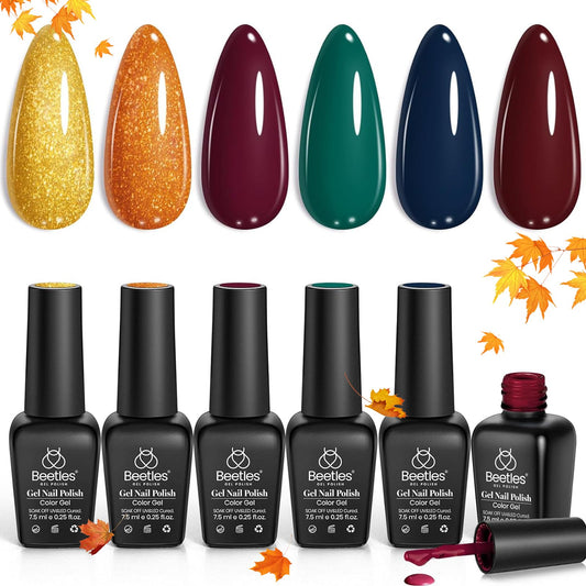 Beetles Gel Nail Polish Set, 6 Fall Colors Gel Nail Polish Burgundy Red Gel Polish Kit Cornucopia Collection Orange Gold Glitter Gel Nail Polish Soak Off Nail Uv Lamp Gel Nail Art Gift for Women