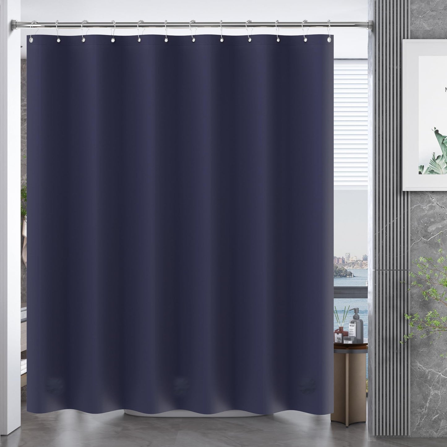 AmazerBath Navy Blue Shower Curtain Plastic, Thick PEVA Shower Curtain Navy, Navy Blue Shower Curtains for Bathroom, Heavy Duty Shower Curtain Waterproof 72x72 with 3 Weighted Stones and 12 Grommets