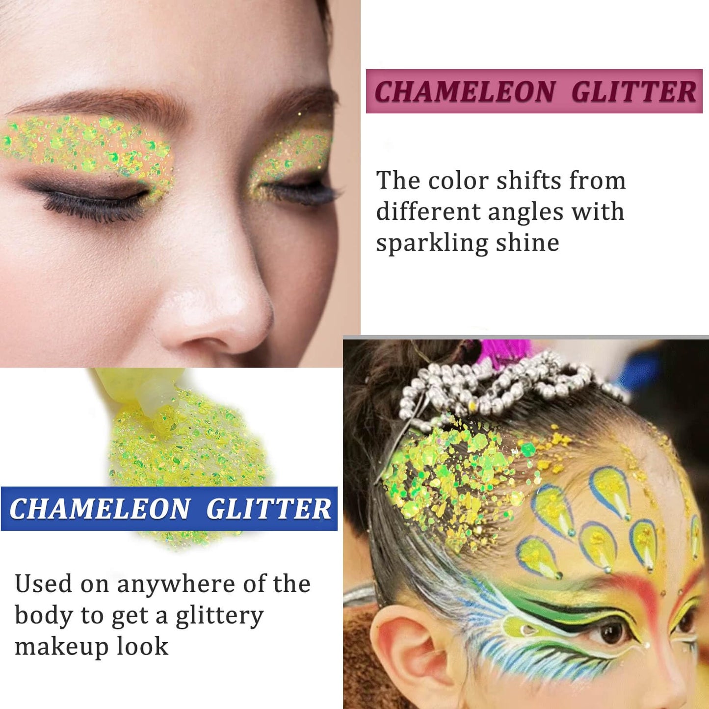 MEICOLY Chameleon Yellow Body Glitter,Chunky Face Glitter Paint,Color Changing Mermaid Face Glitter Gel,Holographic Glitter Sequin for Face Body Hair,Festival Party Cheer Glitter Makeup,50ml