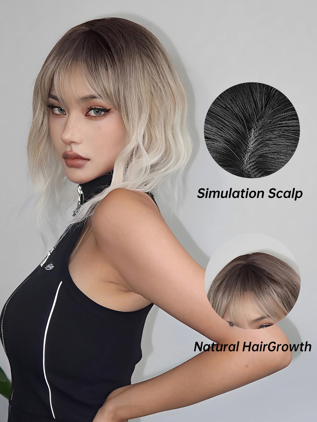 Allbell Short Ombre Blonde Wigs Wavy Bob Wig with Bangs Women Synthetic Curly Pastel Bob Wig for Girl Colorful Cosplay Wigs(Brown-Blonde-White)