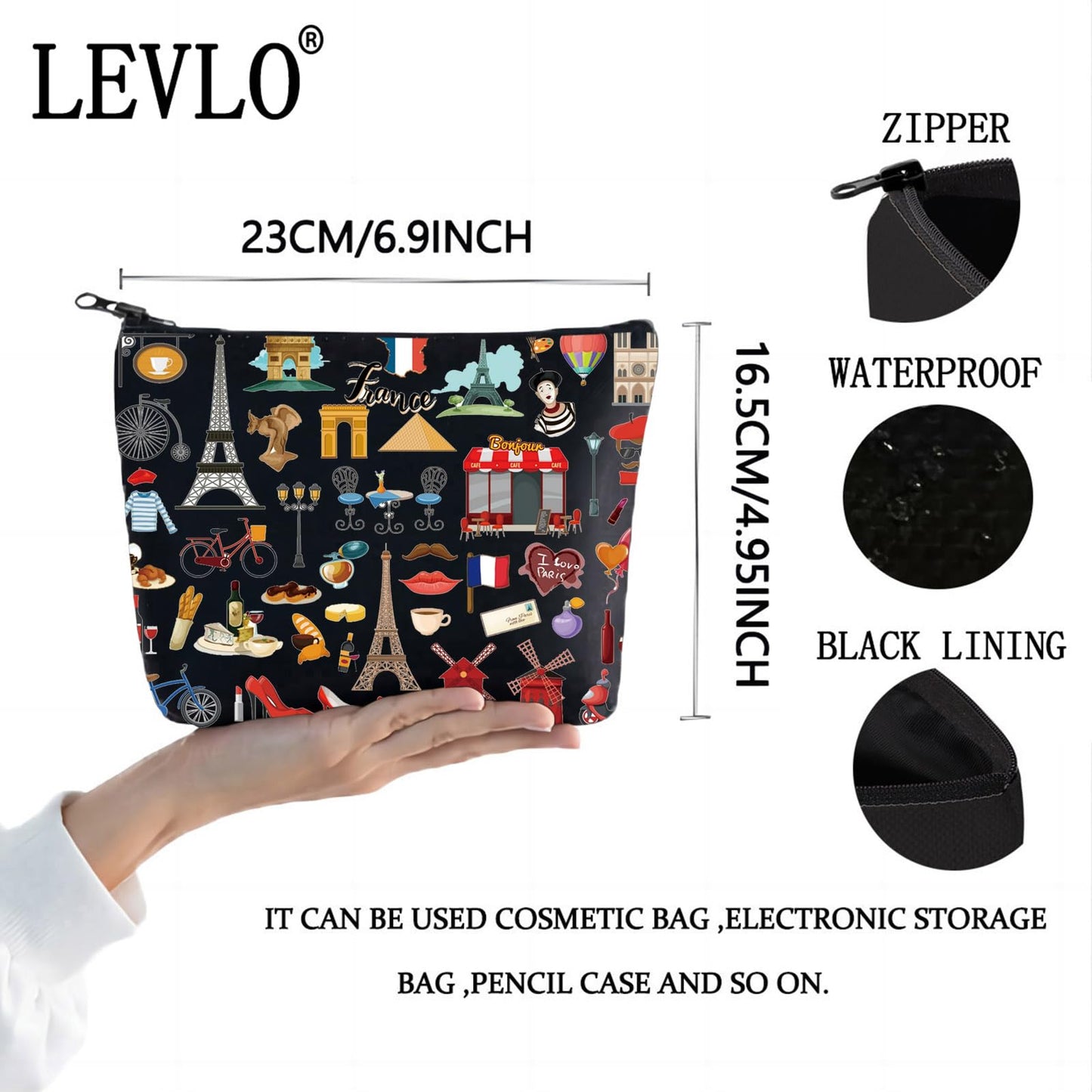 LEVLO France Travel Culture Gift French Theme Travel Pouch Bag Paris Landmarks Gift French Souvenir Gift (France Black)