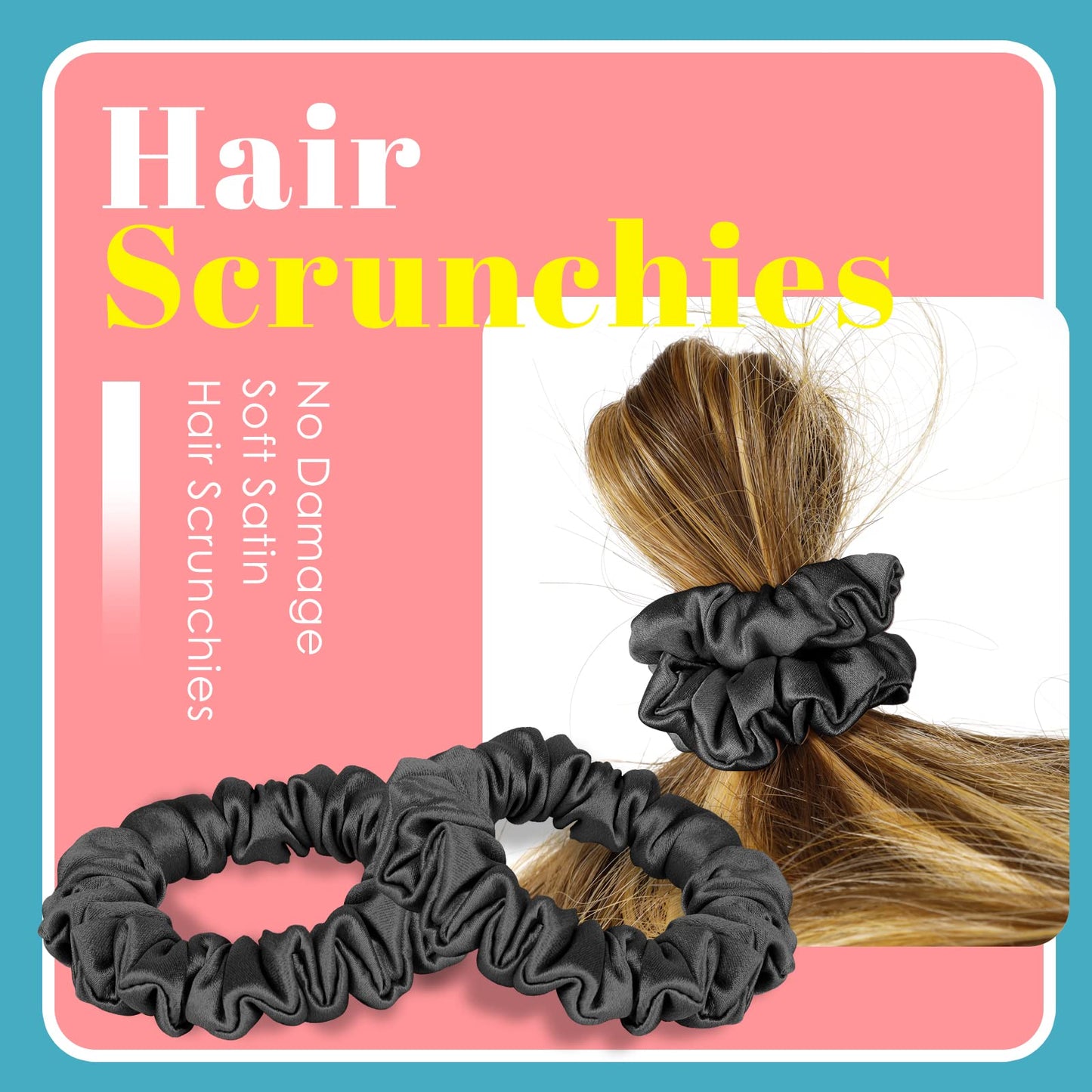 VOHALA 30 Momme Mulberry Small Silk Scrunchies, 5PCS Skinny Silk Scrunchies for Hair & 2PCS Strong Hair Ties Ponytail Holder, Total 7PCS No Damage Luxury Hair Ties for Women (Black)