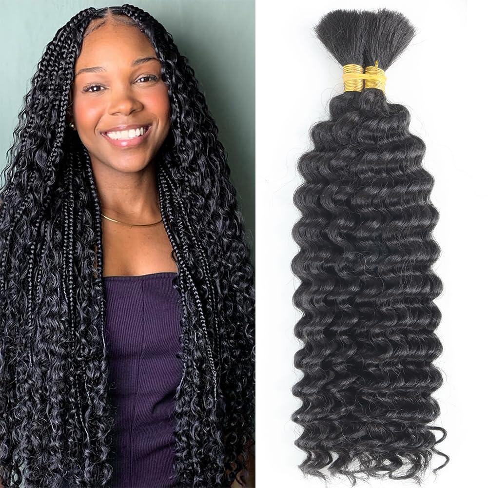 Human Braiding Hair Deep Wave Bulk Human Hair for Braiding 2 Bundles/Pack 100g Wet and Wave Deep Curly Braiding Hair for Boho Braids Bundle Brazilian Virgin Human Hair Extensions Natural Color