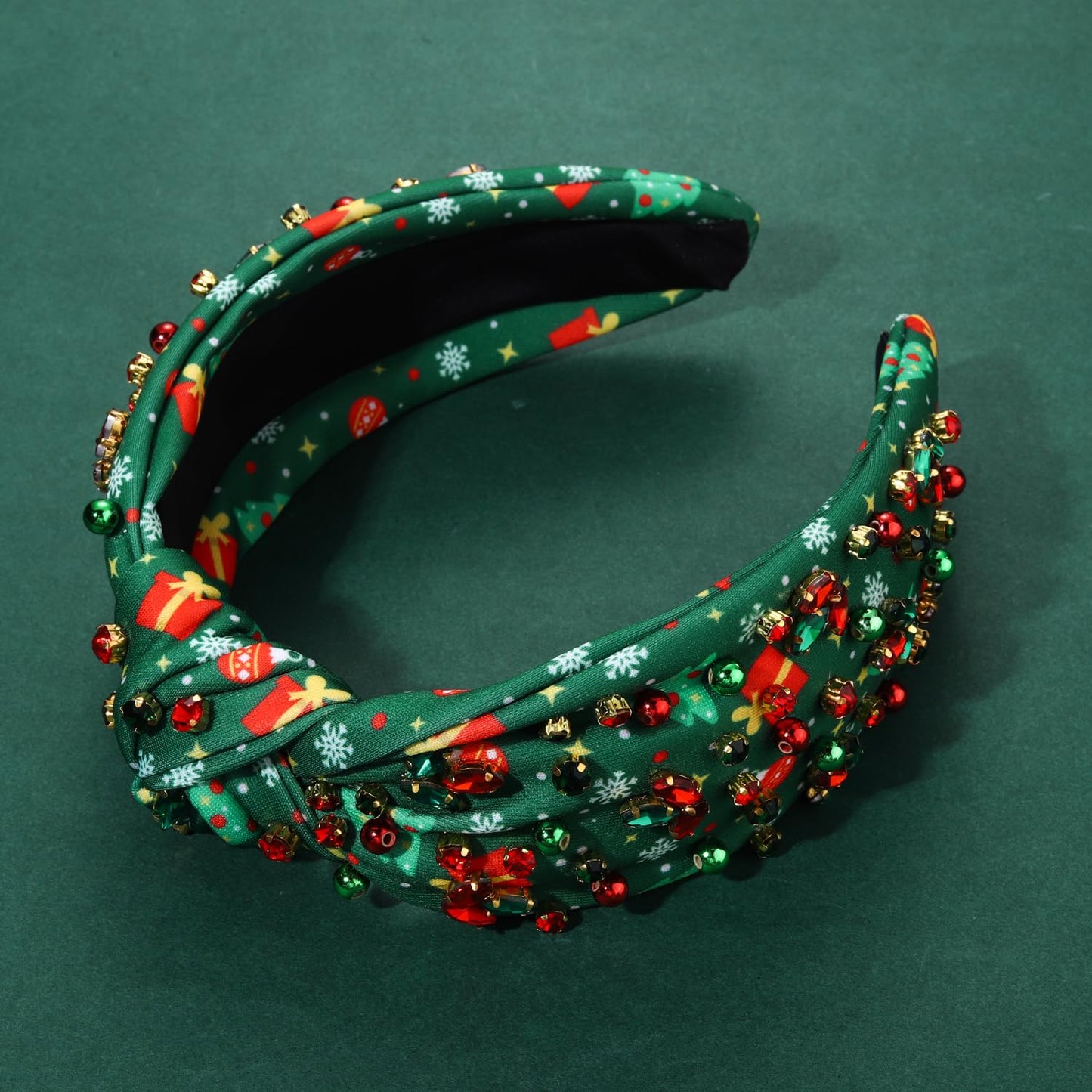 Christmas Headband Crystal Knotted Headbands for Women Girls Red Green Rhinestone Jeweled Embellished Wide Top Knot Hairband Xmas Holiday Party Hair Accessories (Green-Box Print)