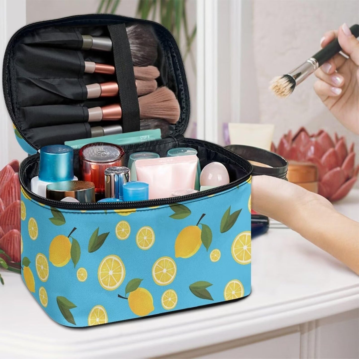 Psaytomey Travel Makeup Organizer Lemon Printed Cosmetic Bags Organizer Case for Storage Makeup Brush Tools Fits for Business Trips Camping Home Use