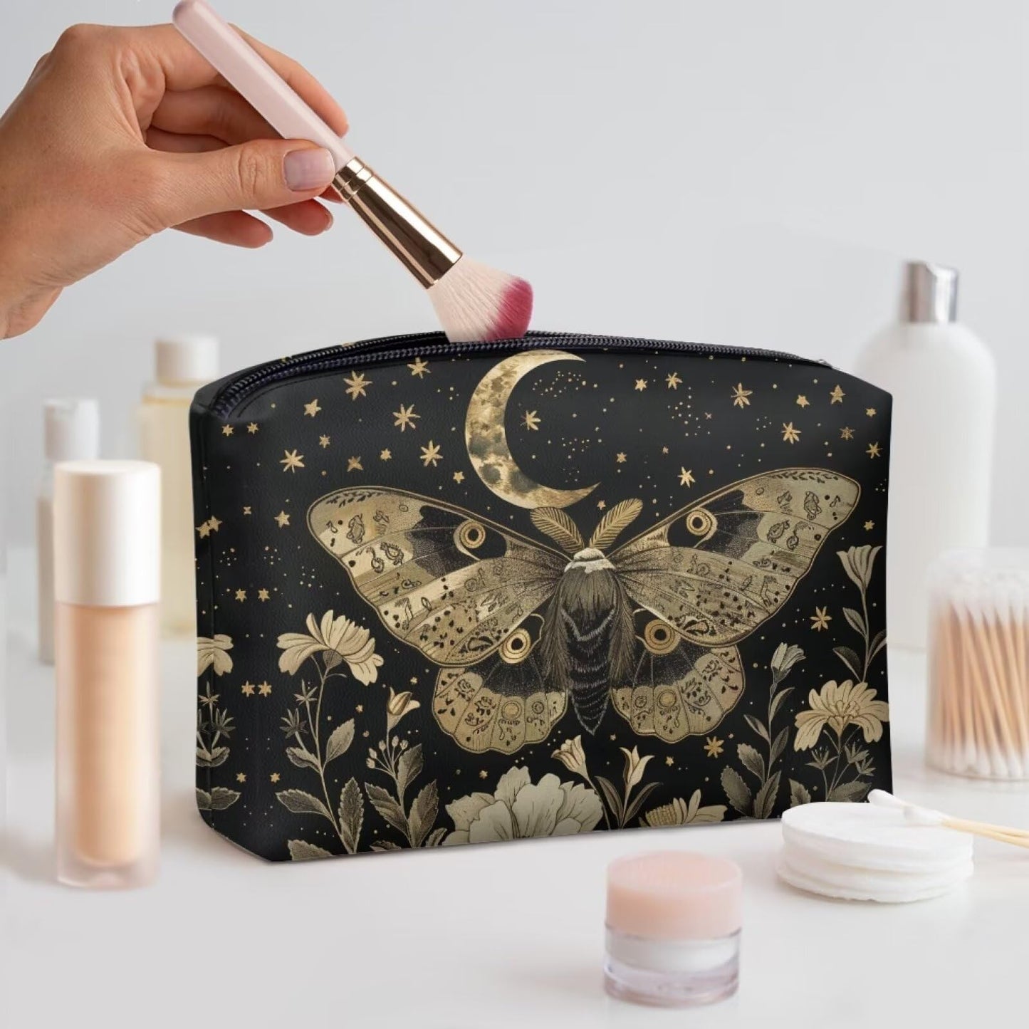 ELEDIZI Goth Moon Star Butterfly Makeup Bag for Purse Travel Toiletry Bag for Women Carry On Waterproof Cosmetic Bag for Travel Cute Travel Bag for Skincare Travel Accessories for Women Toiletry Items