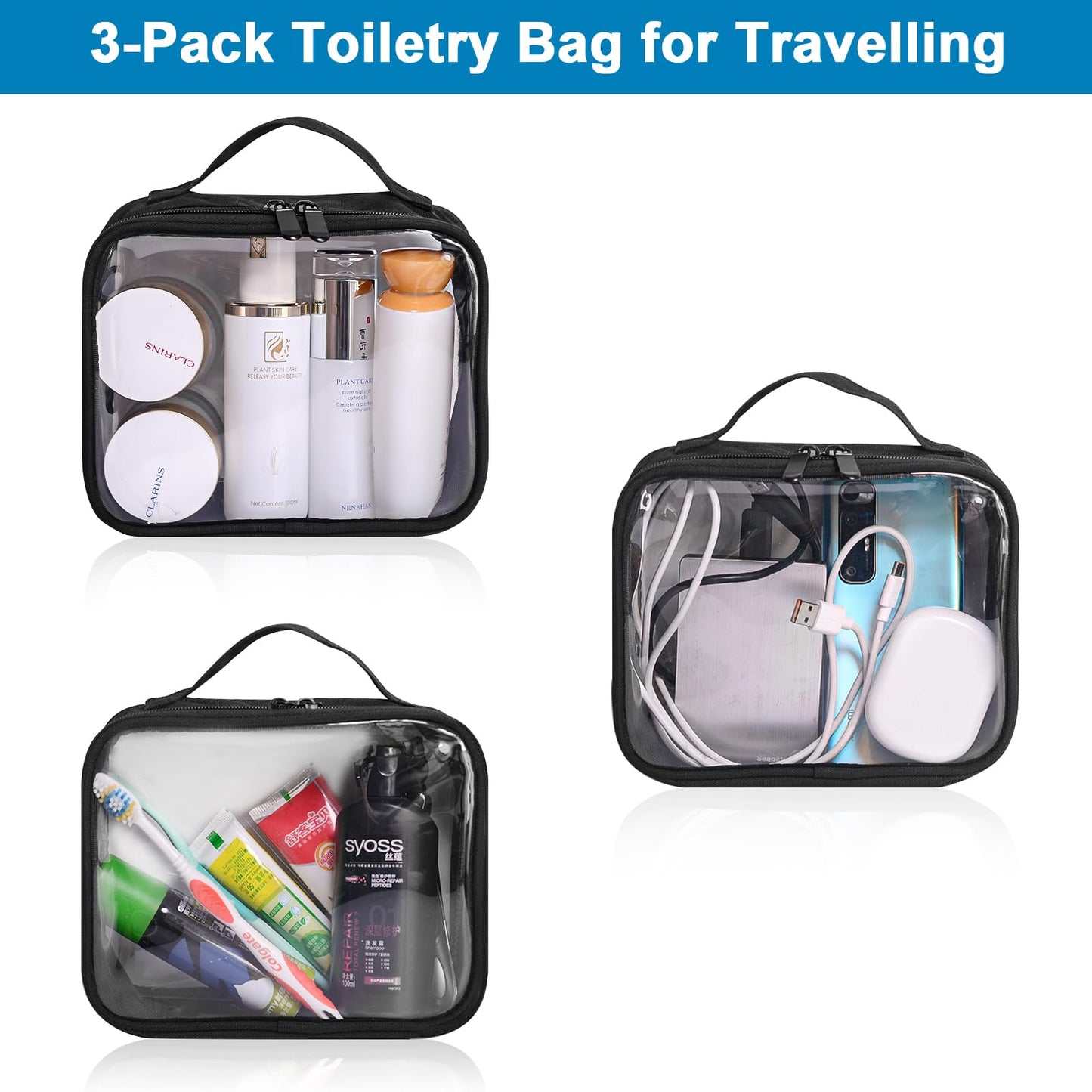 ANRUI TSA Approved Toiletry Bag With Handle Strap, Clear Travel Liquids Toiletries & Cosmetics Organizer Carry-On Luggage for Women and Men Black 3 Pack (Same Size)