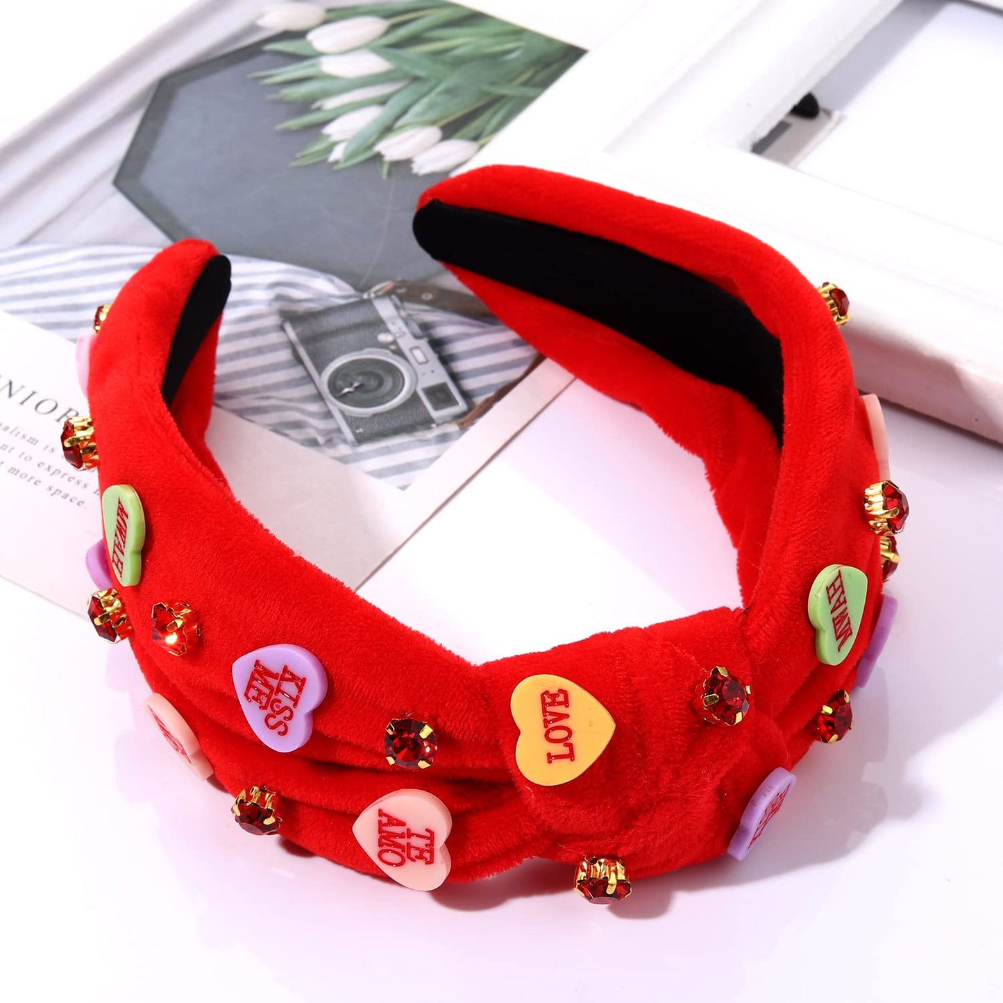 MOLOCH Pink Heart Headband for Women Rhinestone Conversation Love Heart Headbands Crystal Knotted Bejeweled Wide Velvet Fashion Hairband Valentines Day Country Concert Hair Accessories(Red)