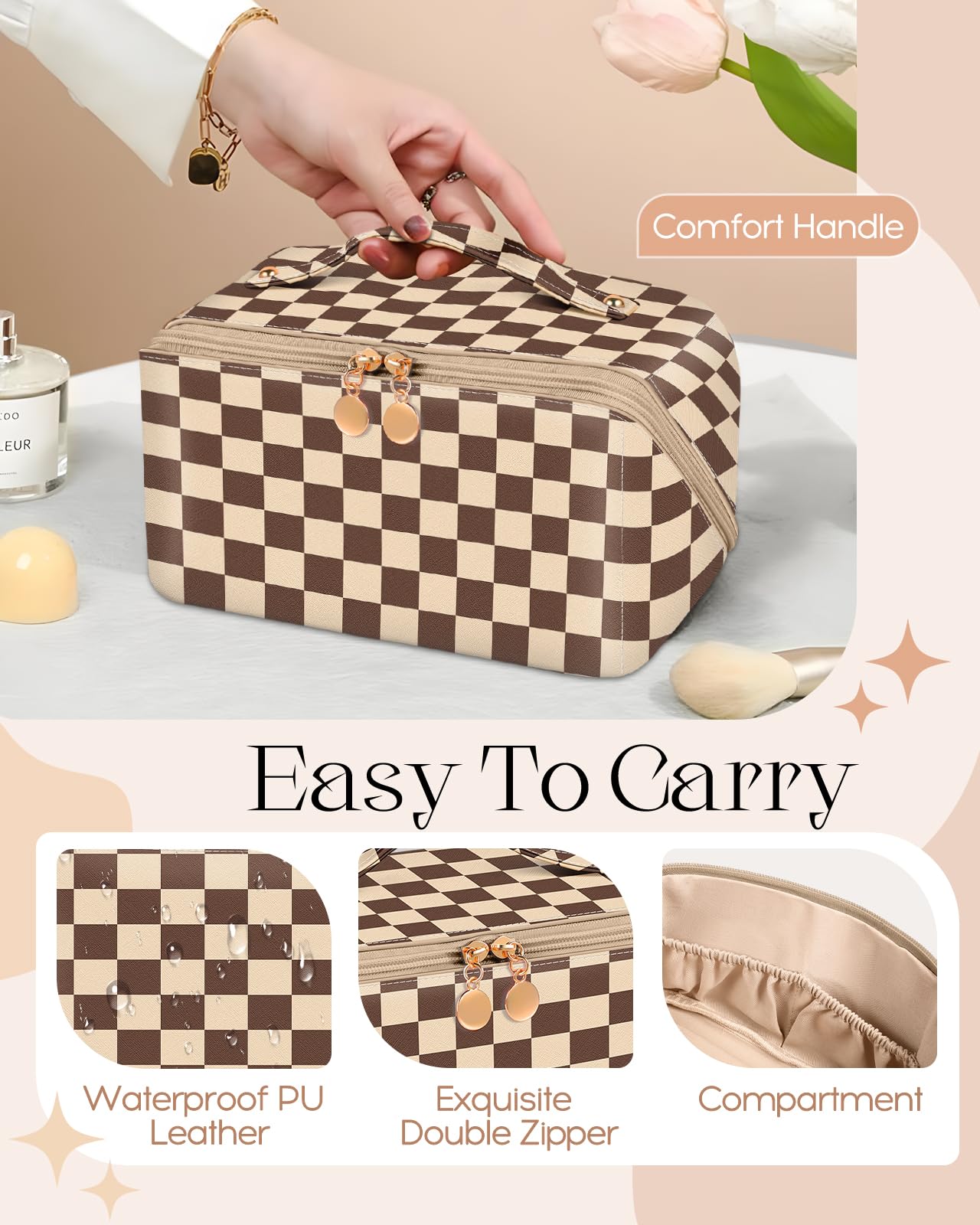 Bistup Makeup Bag Travel Cosmetic Bag Toiletry Make Up Bags Cute Women Large Capacity Big Medium Leather Checkered Plaid Brown Aesthetic Girl Teen Teenage Square Foldable Expandable Open Flat Zip…