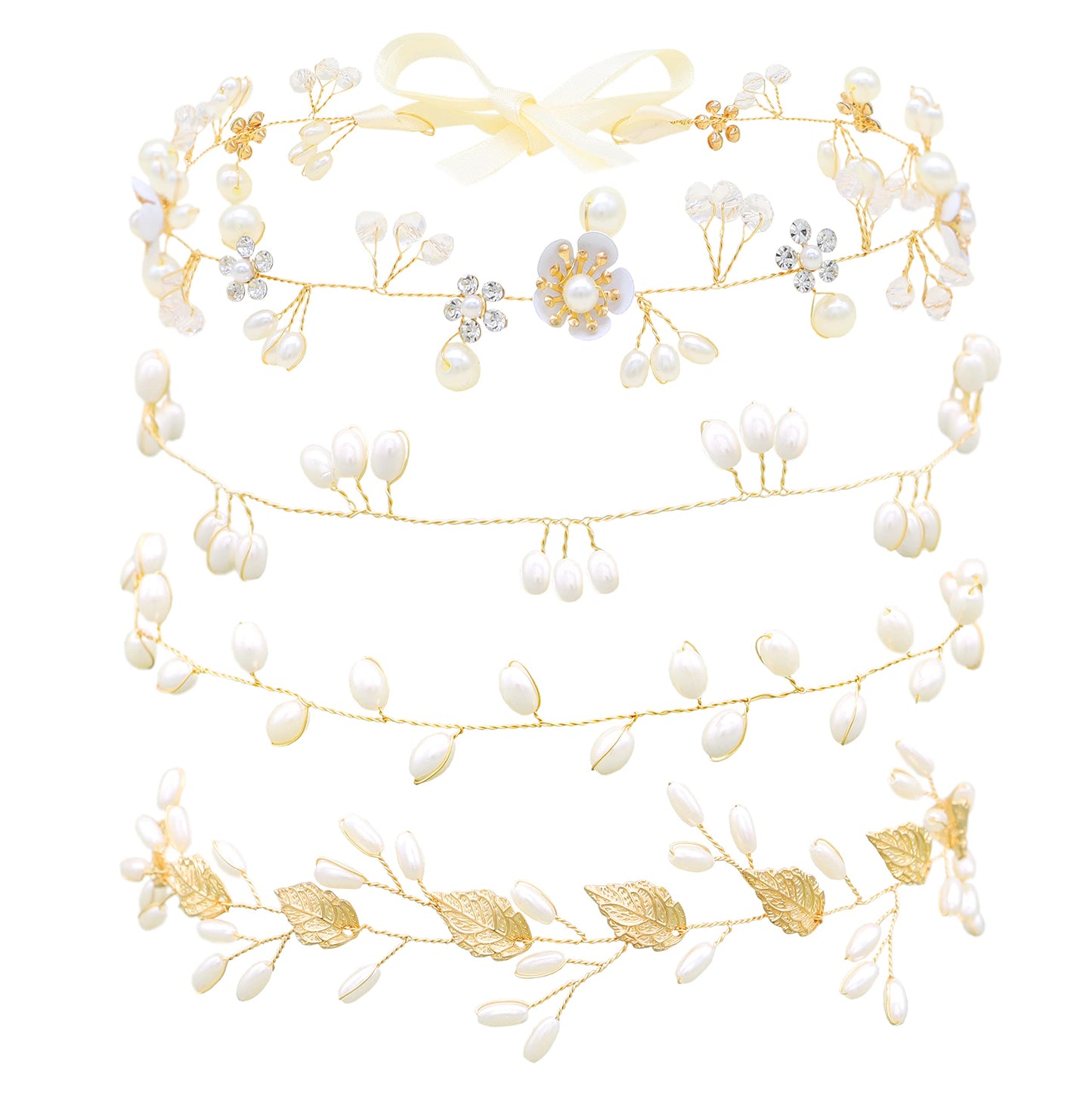 Braveamor Bridal Headpiece Headband Wedding Hair Vine with Pearls Bridal Headpiece Wedding Hair Accessories for Brides Bridesmaids Flower Girls (4 Pack)(Pattern 4-Gold)