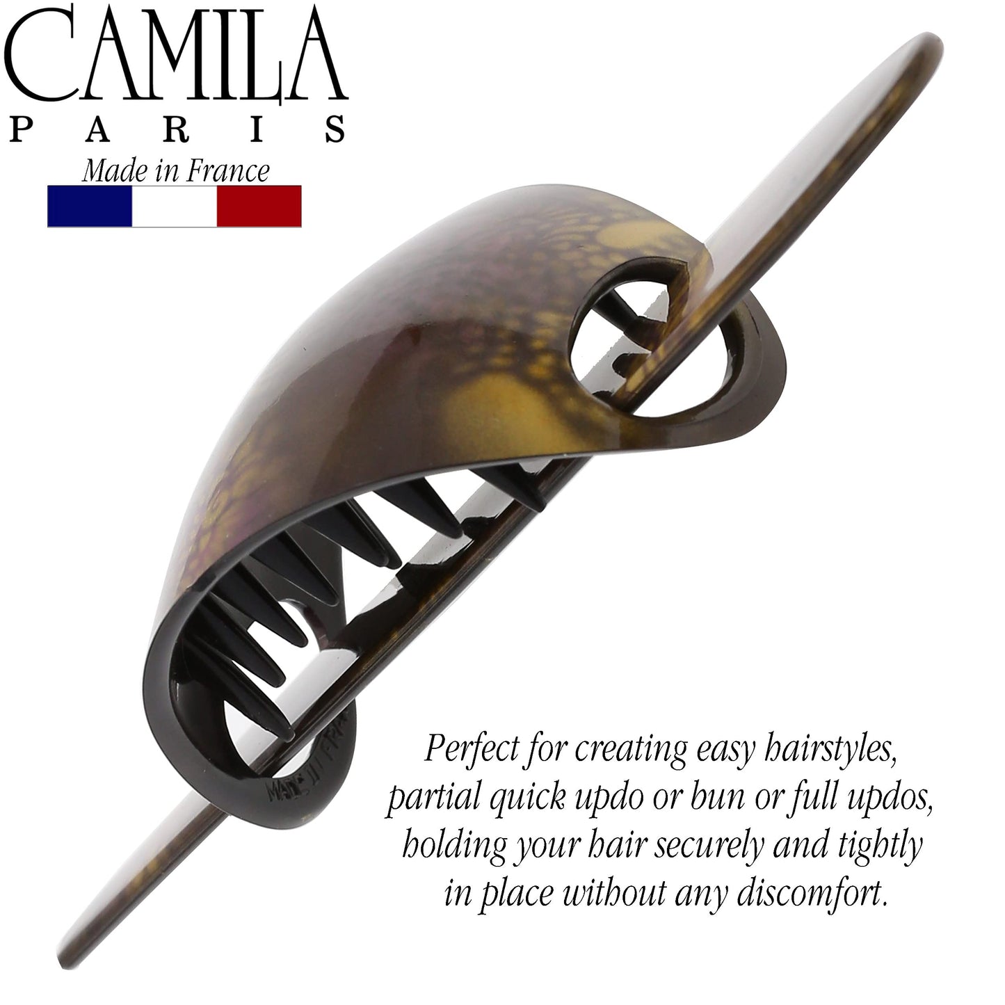 Camila Paris CP3242 French Hair Bun Holder Cover Cap Hair Updo, Brown, Hair Pin Thru, Strong Hold Grip Hair Clips for Women, No Slip and Durable Styling Girls Hair Accessories, Made in France