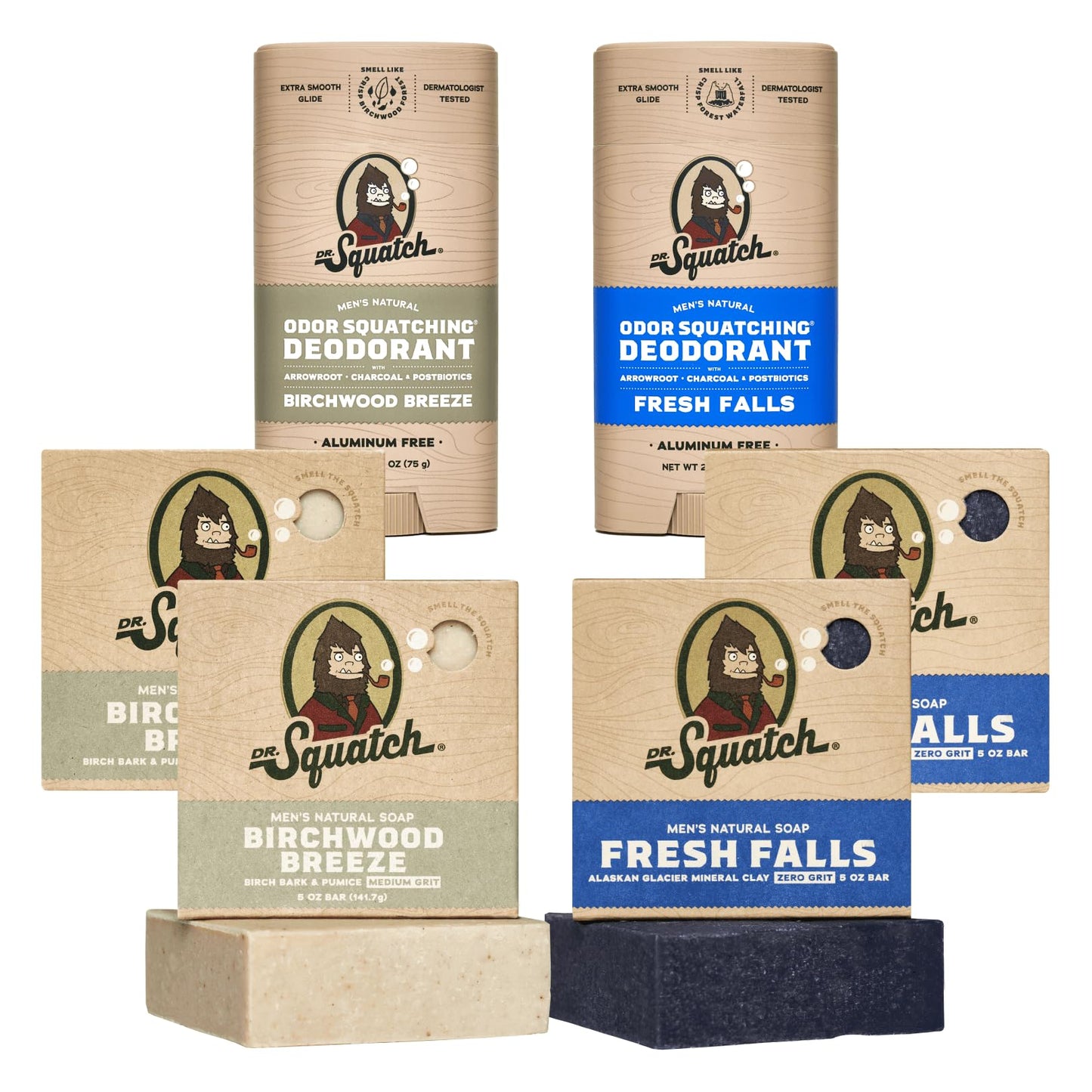 Dr. Squatch Manly Soap and Deodorant Variety Pack - Handmade with Organic Oils, Aluminum-Free - Birchwood Breeze and Fresh Falls