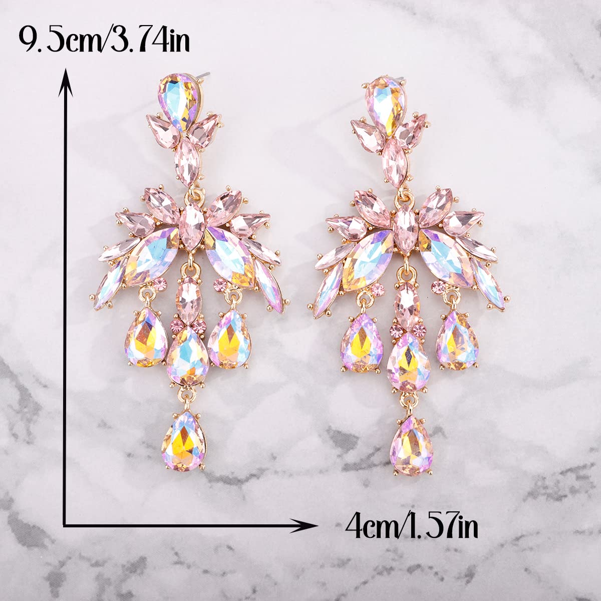 Xerling Pink Rhinestones Chandelier Tassel Drop Earrings for Women Iridescent Statement Teardrop Crystal Stud Earrings for Wedding Bling Bridal Earrings Dangling (Pink)