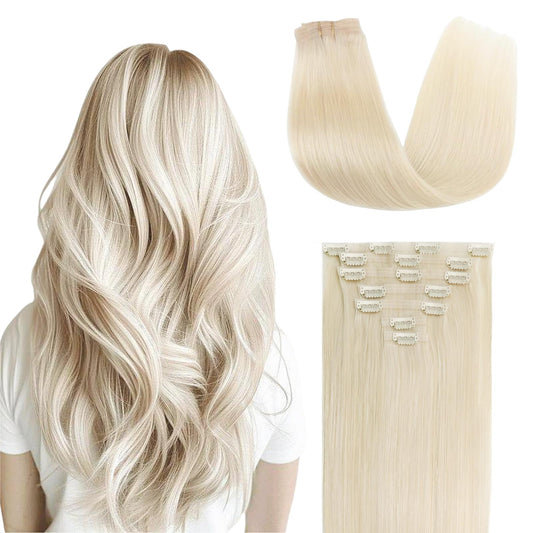 FUOTONBUTY Clip in Hair Real Human Hair Double Stitched 7pcs, Platinum Blonde Human Hair Clip in Extension, Seamless Clip in Hair Extensions 90g, Invisible Clip in Hair Extensions Human Hair 14 Inch