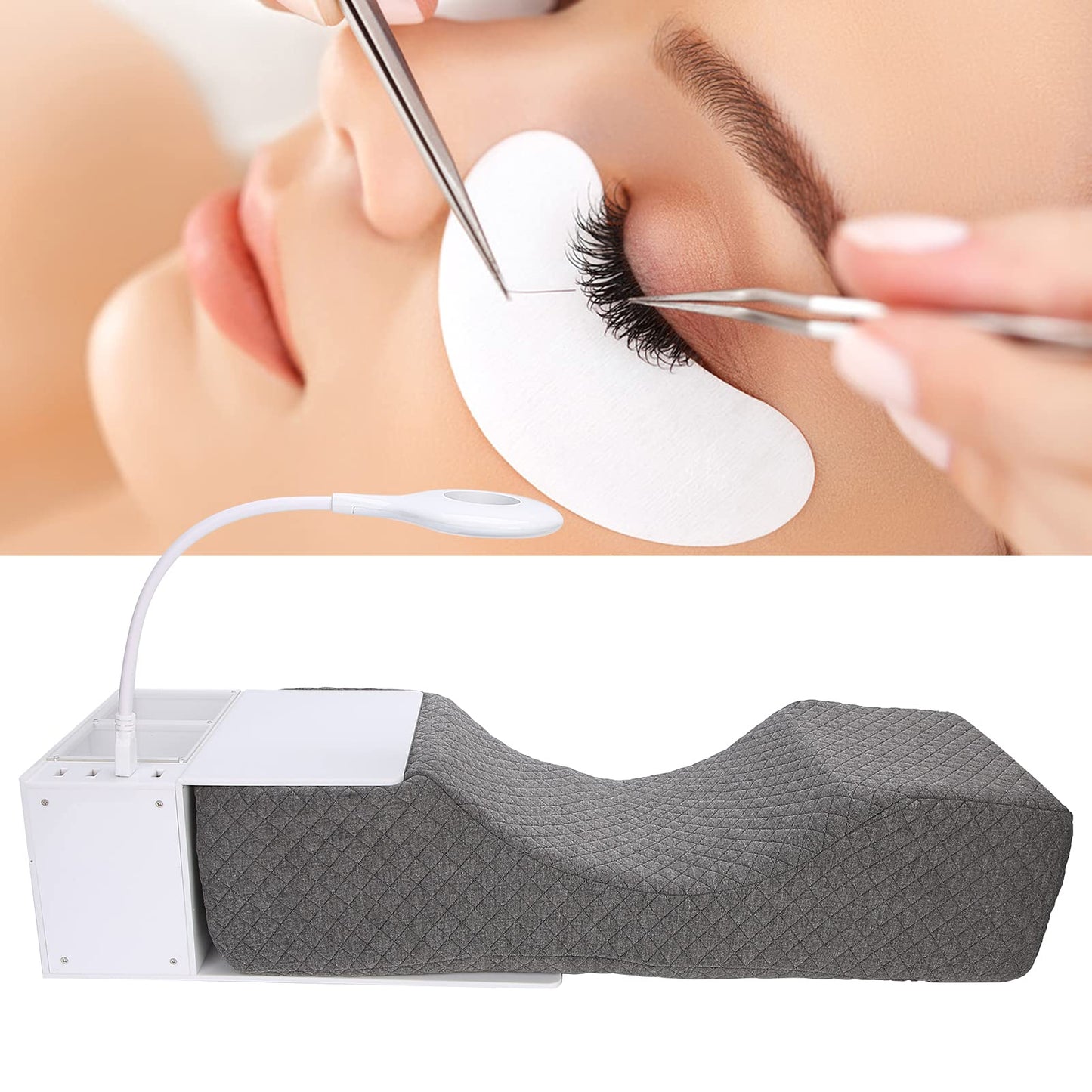 Eyelash Extension Neck Pillow with Acrylic Shelf Organizer Stand, Ergonomic Curve Lash Extension Grafting Pillow with USB Desk Lamp Makeup Tool Organizer Display Shelf