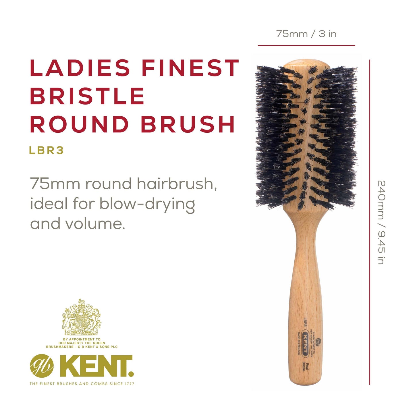 KENT LBR3 Finest Hair Brushes for Women Blow Dry Brush Made of Beechwood - Spiral Radial Boar Bristle Hairbrush for Long and Thick Hair - Royal Salon Style Straightening Pure Wood Brush from