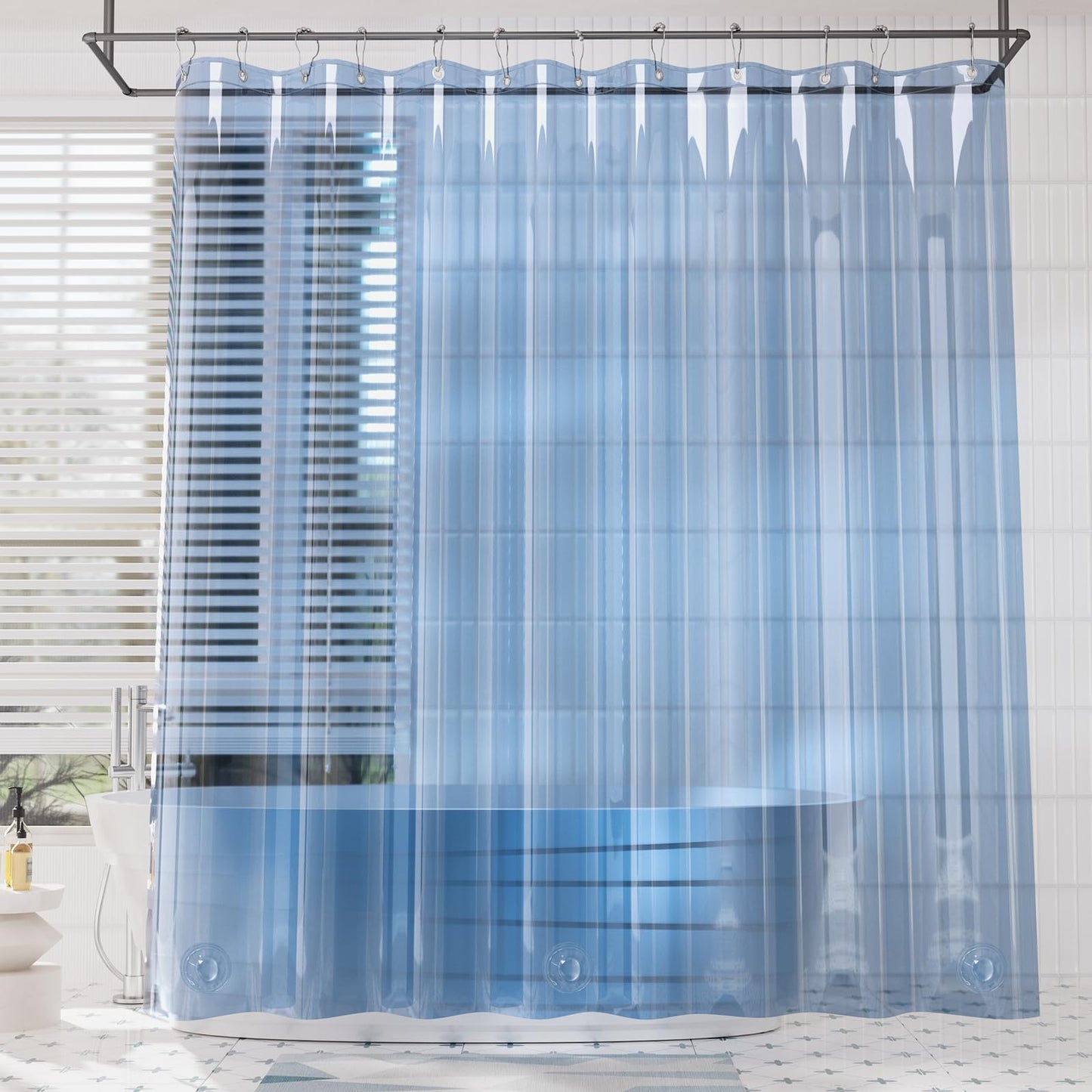 AmazerBath Premium EVA Shower Curtain Clear Blue, Luxury Shower Curtain Blue Jelly-Like Soft, Waterproof Bathroom Shower Curtain with 3 Weighted Stones and 12 Grommets, Recyclable Packaging