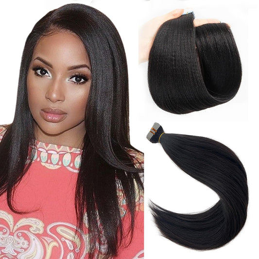 Tape in Hair Extensions Yaki Straight Invisible Black Tape in Hair Extensions Human Hair for Black Women 24 Inch Long Straight Natural Color Real Human Hair Light Yaki Tape in Extensions