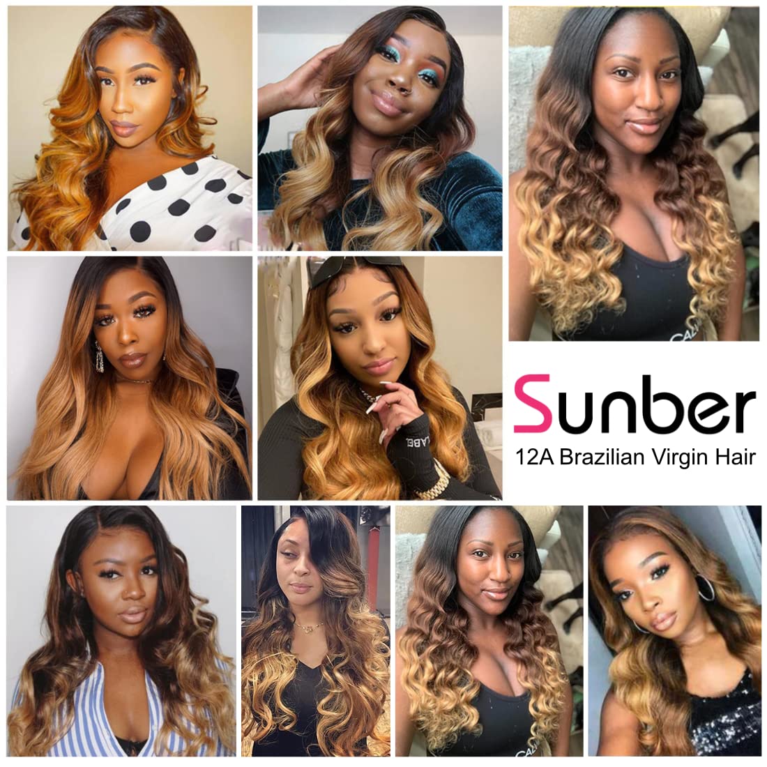 Sunber Ombre Brazilian Hair Bundles Body Wave 12A Grade Human Virgin Hair One Bundles 3 Tone 1B/4/27 Color Hair Extensions 16Inch T1B/4/27 Color