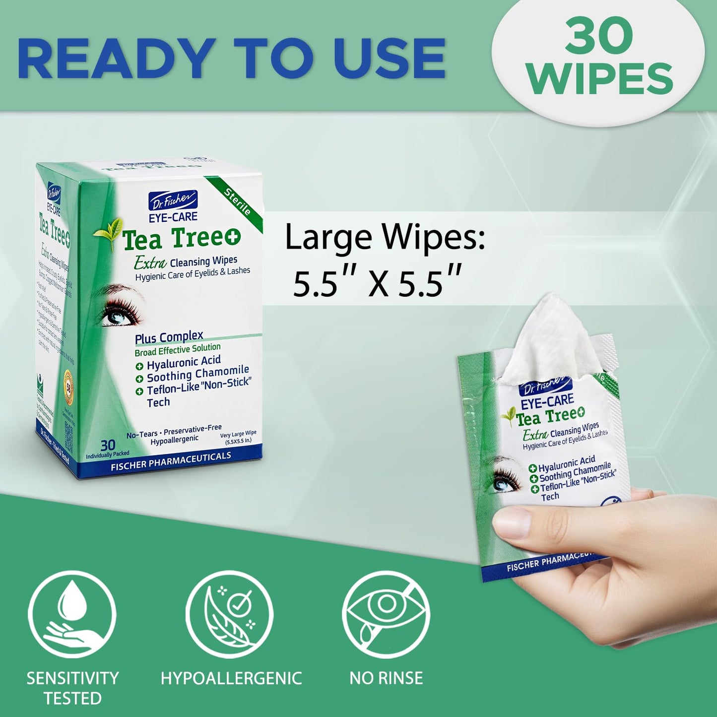 Dr. Fischer Tea Tree Oil Eye Wipes - Hypoallergenic Eyelid Wipes for Sensitive Eyes with Hyaluronic Acid and Chamomile, Makeup Remover, Daily Cleanser (60 wipes)