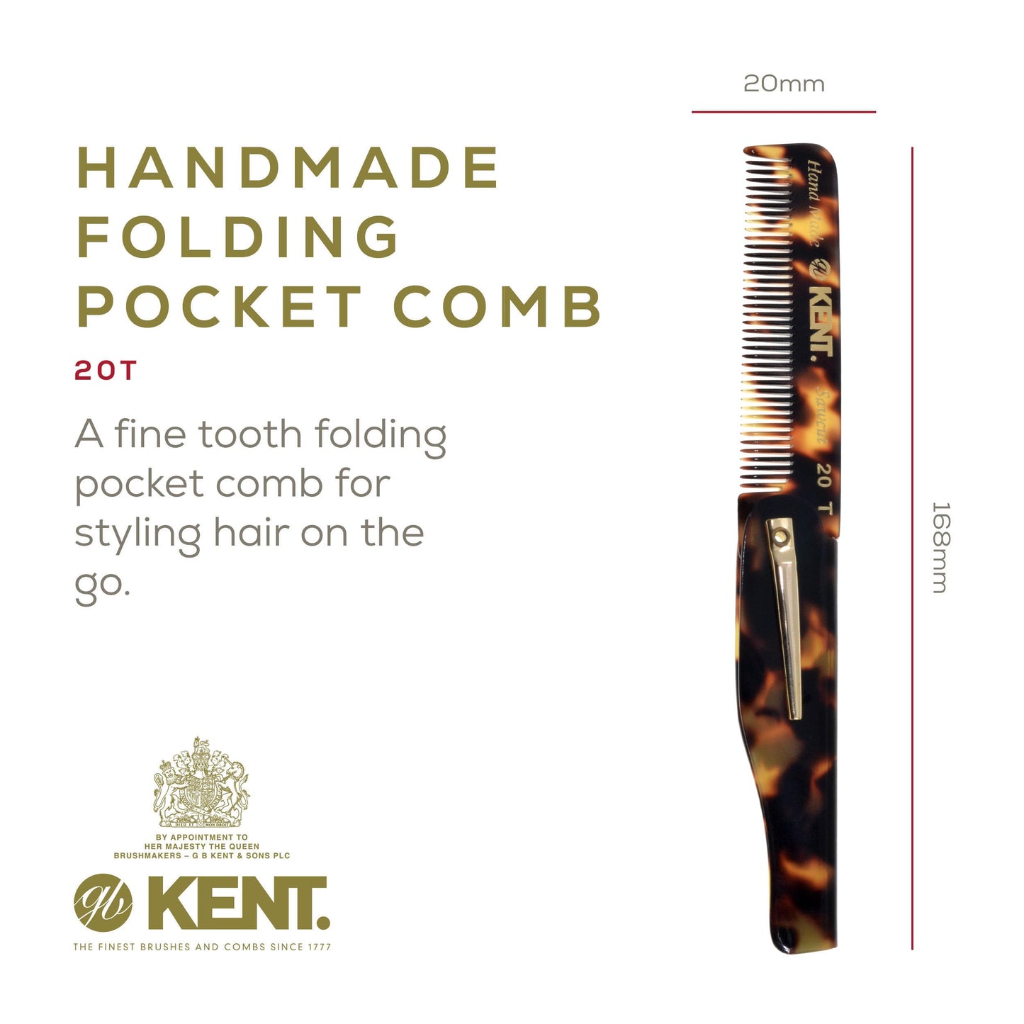 Kent 20T TY Handmade Folding Pocket Comb for Men, Fine Tooth Hair Comb Straightener for Everyday Grooming Styling Hair, Beard or Mustache, Use Dry or with Balms, Saw Cut Hand Polished, Made in England