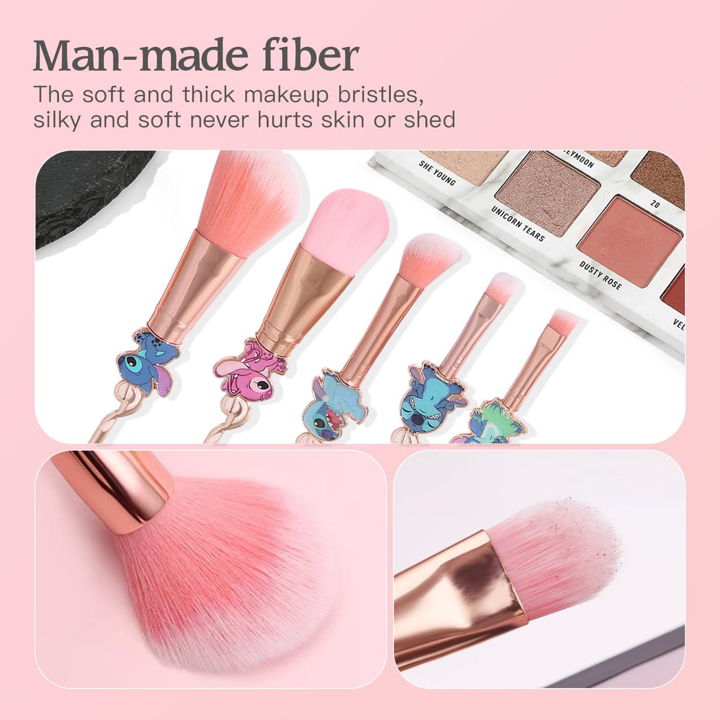 5 Pcs Stitch Makeup Brushes with Brushes Holder, Interstellar Baby Makeup Brushes, Stitch Stuff for Girls and Women(Pink)