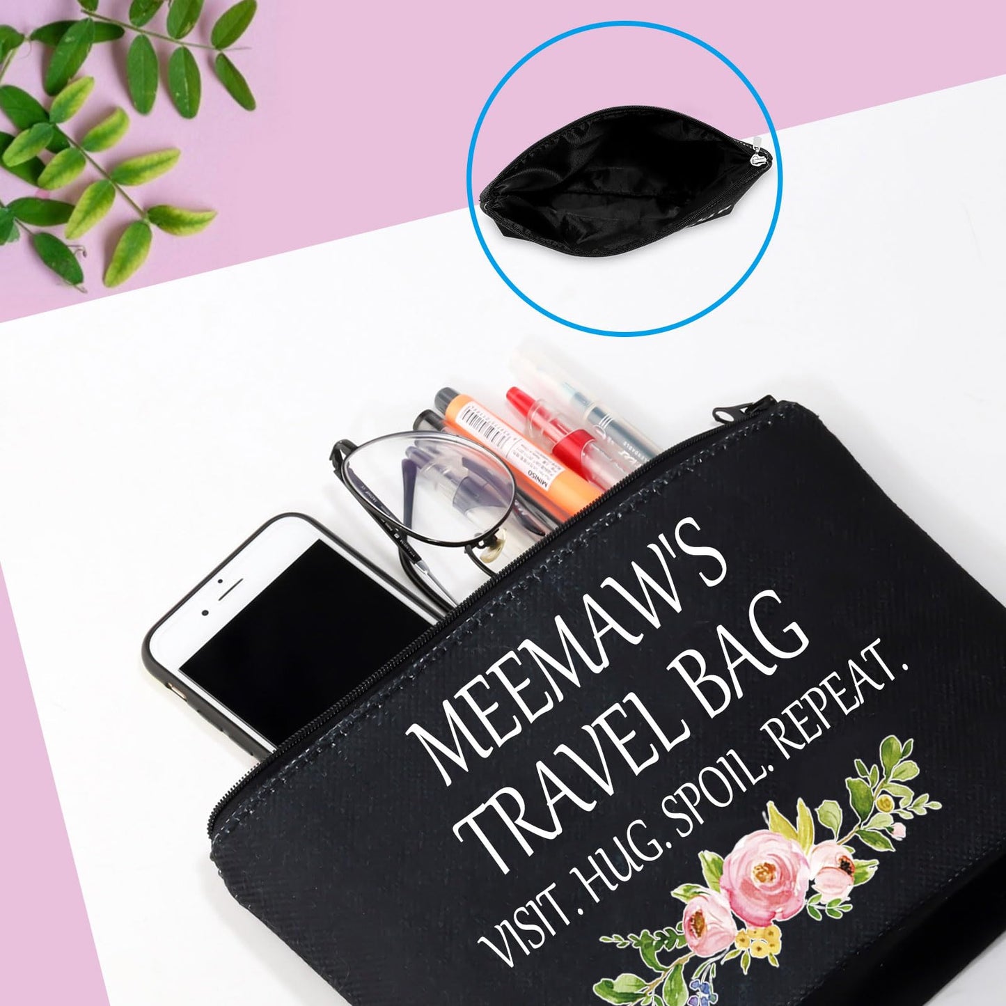 Meemaw Gift Grandmother Gift Mother Day Zipper Pouch Cosmetic Bag Birthday Gifts for Grandma (Meemaw's Travel Black)