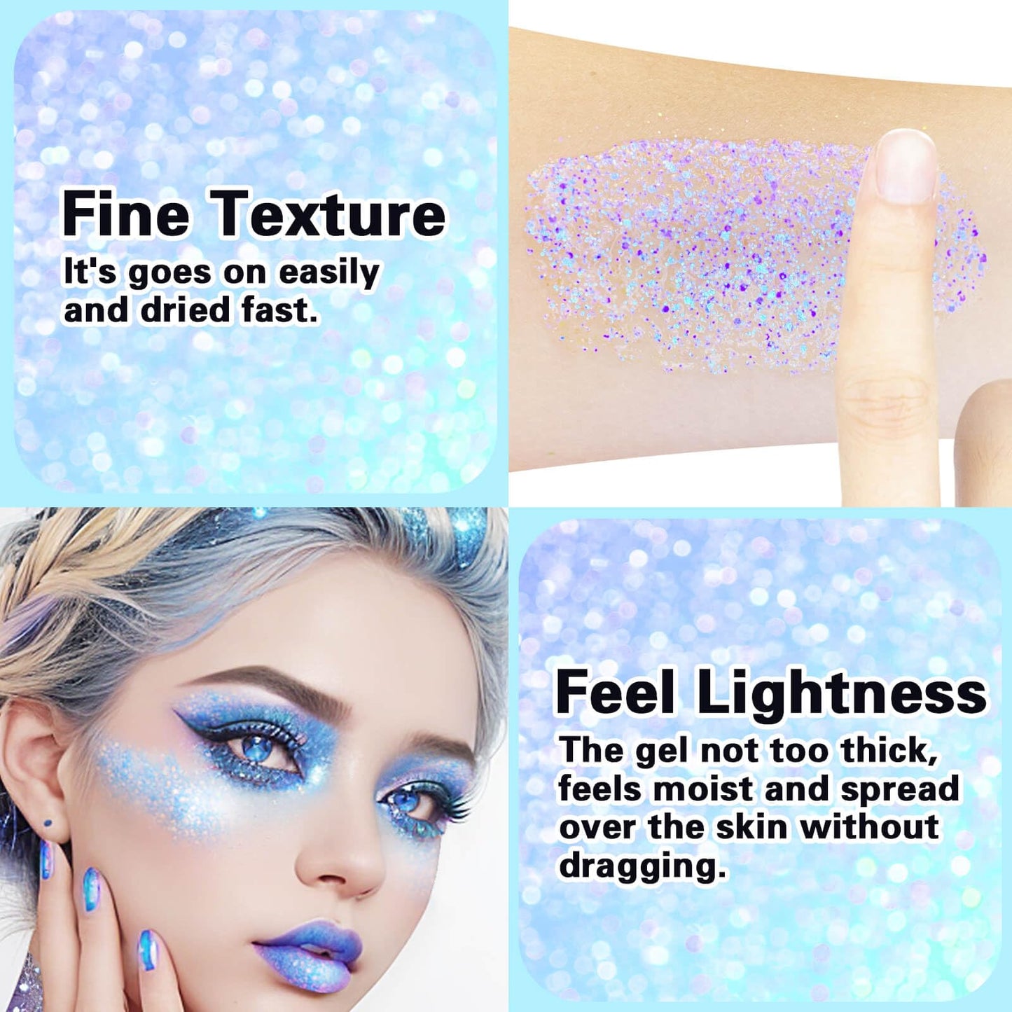 MEICOLY Sparkling Blue Body Glitter,Holographic Face Glitter Gel,Color Changing Glitter Gel for Body,Face,Hair,Lip,Eye,Long Lasting Sequins Glitter Face Paint Glitter Makeup,50ml