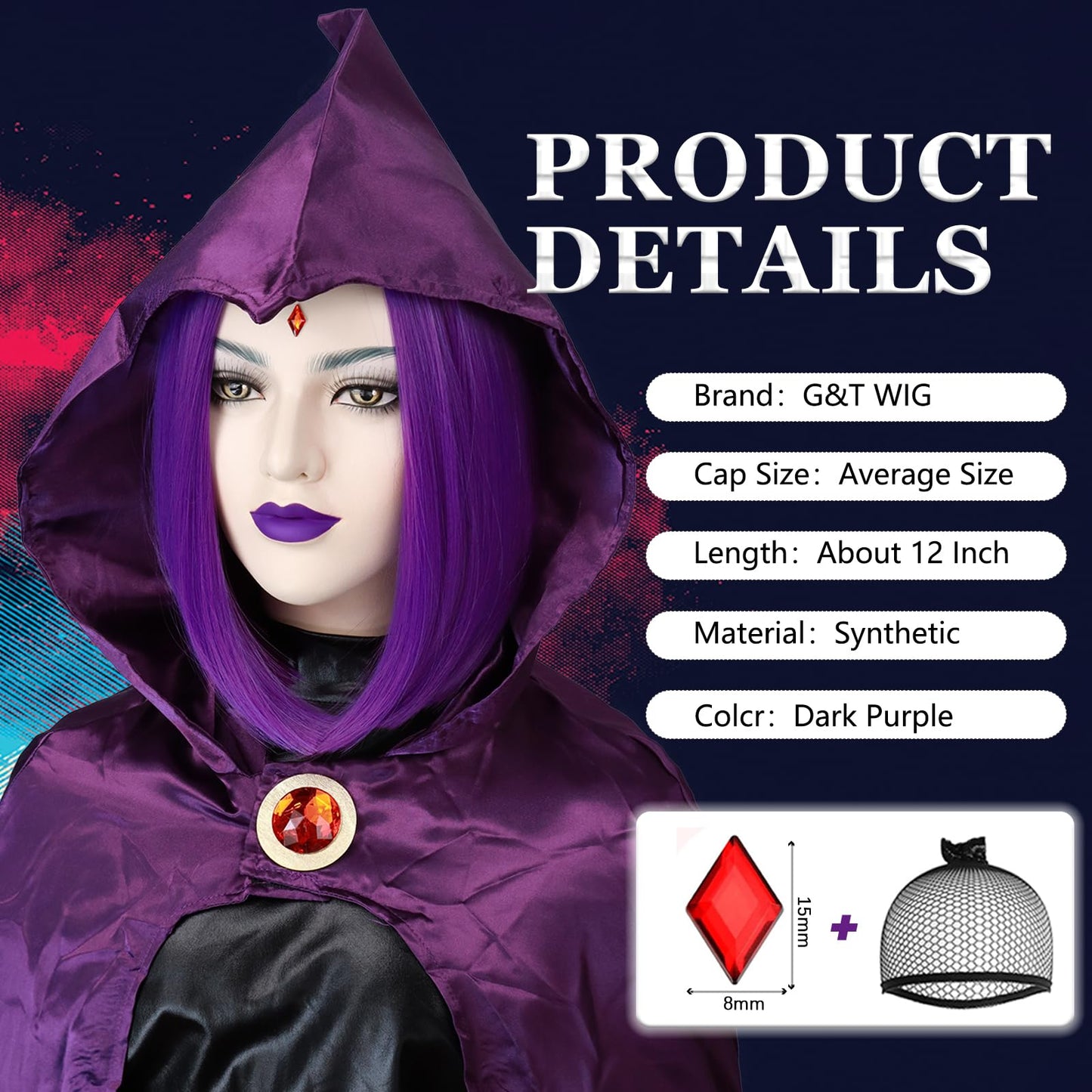 G&T Wig Purple Bob Wig for Raven Cosplay Superhero Purple Anime Wig with Ruby for Women's Raven Costume Halloween Cosplay Party