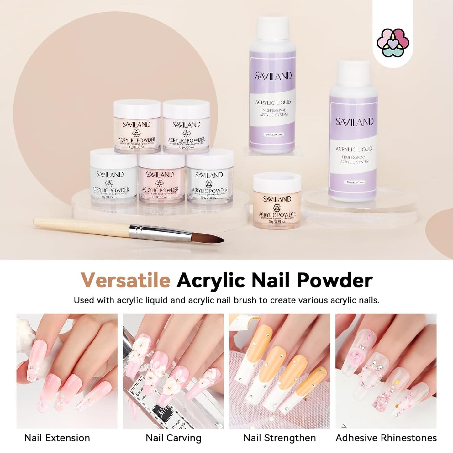 SAVILAND Beginner Acrylic Nail Kit with Everything 100% Essential Oil - 6 Colors Acrylic Powder Nail Starter Kit with Glue Nail Tips Practice Mat Acrylic Nail Kit for Home Practice DIY Nail Extension