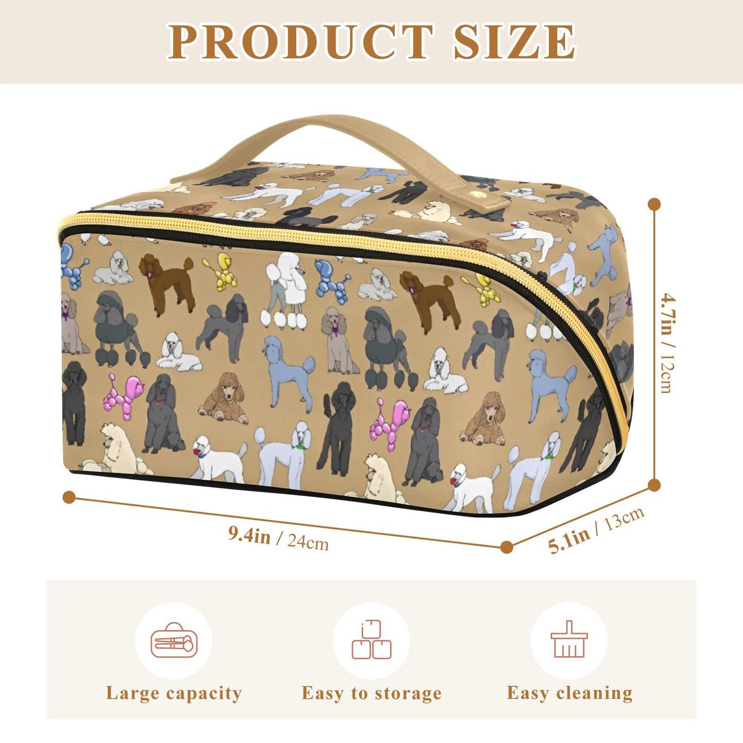 PIHNSDUA Cartoon Happy Poodle Large Capacity Cosmetic Bag Travel Makeup Bags with Large Opening and Handle Twill Cosmetic Organizer for Women