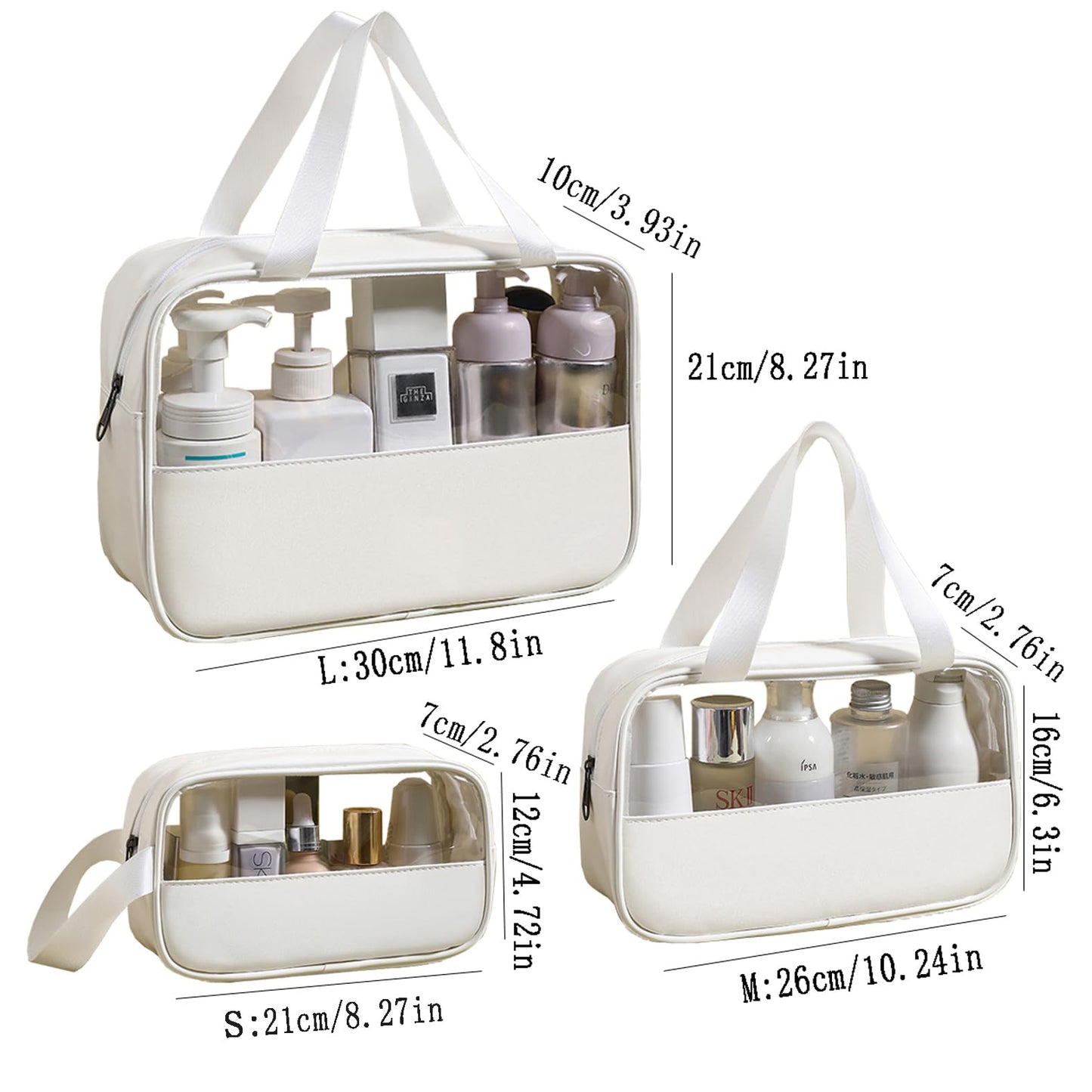 nmbaobei White 3-piece clear makeup bag, waterproof travel makeup bag for makeup and toiletries