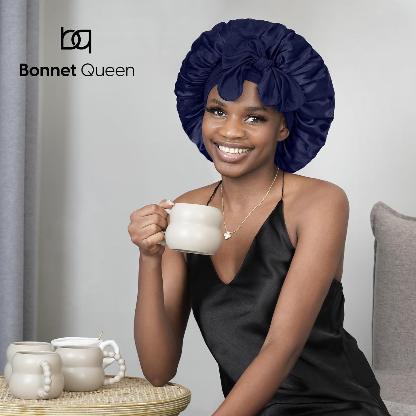 BONNET QUEEN Silk Bonnet for Sleeping Women Satin Bonnet Hair Bonnet Night Sleep Cap Scarf wrap for Curly Hair with tie Band Dark Navy Blue