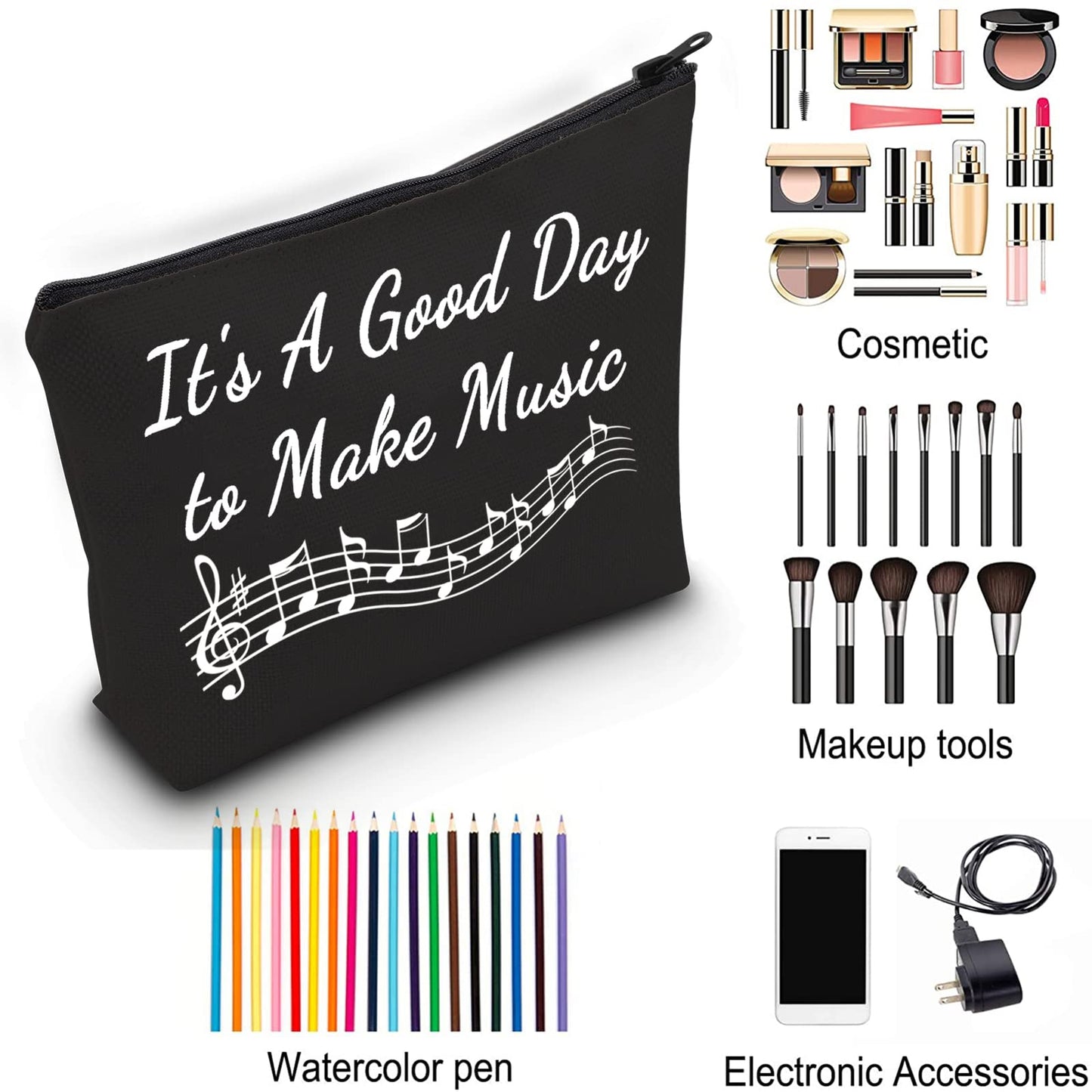 ZJXHPO Music Lover Gift Music Teacher Makeup Zipper Touch Bag It's A Good Day To Make Music Cosmetic Bag Music Survival Kit Travel Case (BL make music)