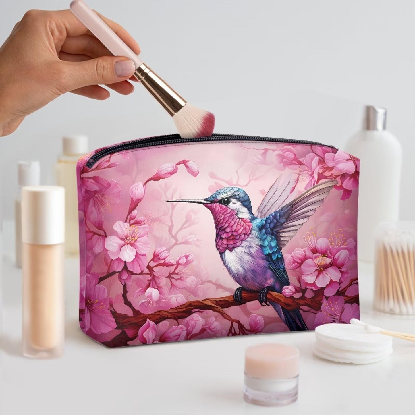 ELEDIZI Hummingbird Makeup Bag Cherry Blossom Makeup Purses Cosmetic Case for Cute Bags for Teen Girls Pu Leather Clutch Bag Pink Toiletry Bag for Women Aesthetic Skincare Bag Travel Lipstick Pouch