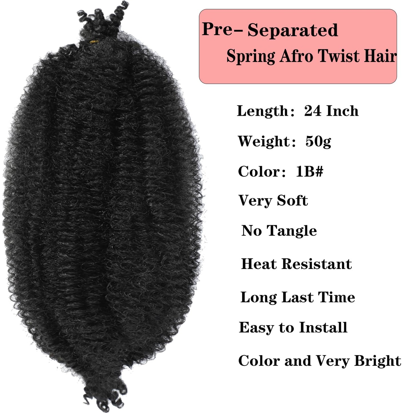 8 Packs Springy Afro Twist Hair Marley Twist Braiding Hair 24 Inch Pre-Separated Black Kinky Twist Hair For Women Afro Spring Twist Hair Wrapping Hair for Soft Locs (24 Inch (Pack of 8), 1B#)