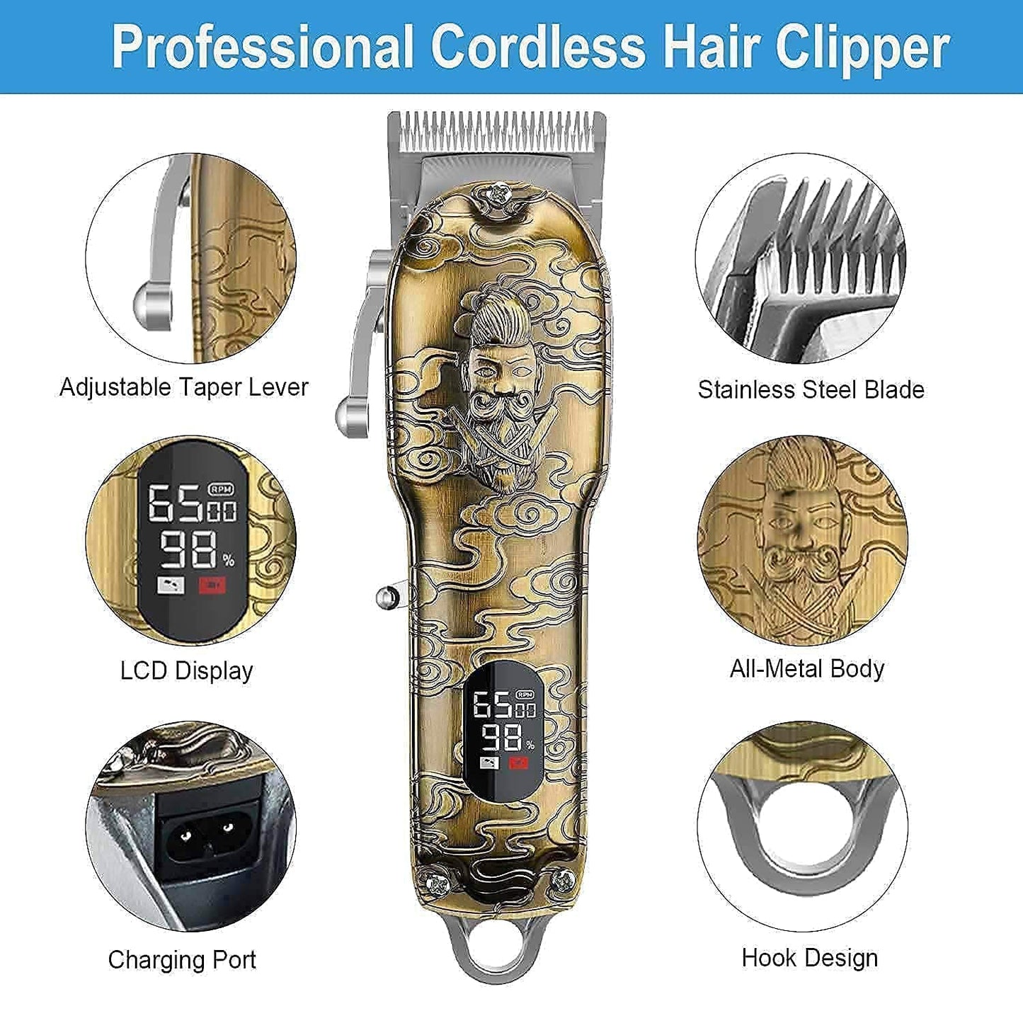 Suttik Haircut Clippers and Trimmers Set,Cordless Ornate Hair Clippers for Men Professional Barber Clippers for Hair Cutting Kit with T-Blade Beard Trimmer Set, Knight, LED Display(Gold)