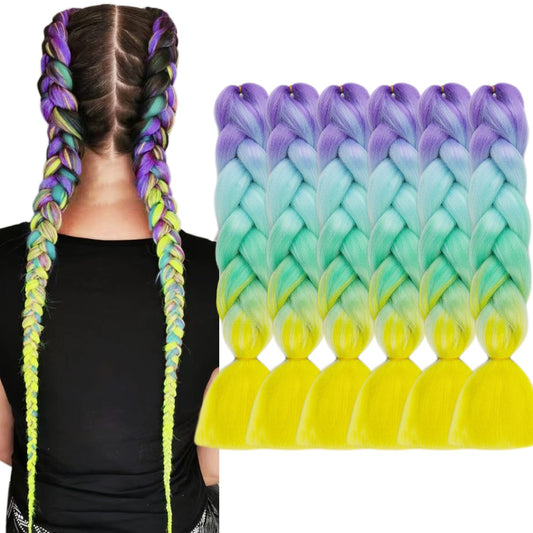 MAYSA Green Ombre Braiding hair, 24in 6Packs Pastel Rainbow Braiding Hair, Synthetic Colorful Pre stretched Braiding Hair Extensions #Purple-blue-green-yellow