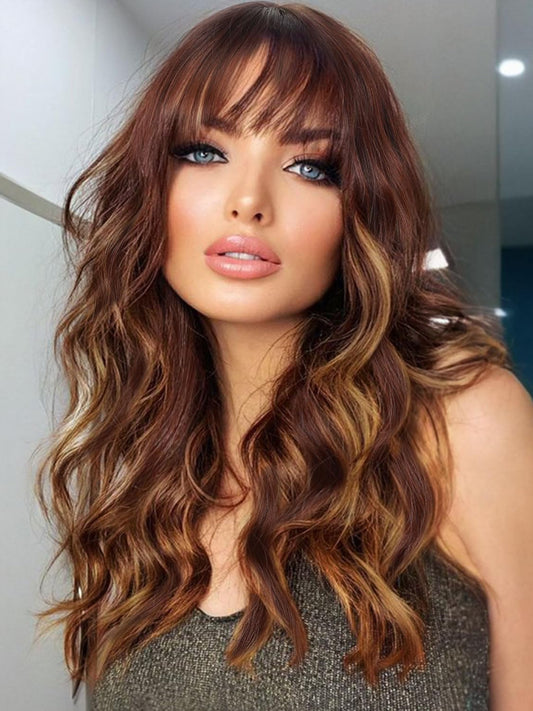 Fancy Hair Brown Highlight Wig With Bangs Medium Length Wavy Wig Synthetic Brown Mixed Blonde Natural Looking Wig With Bangs for Women Daily Party Use 18 Inch