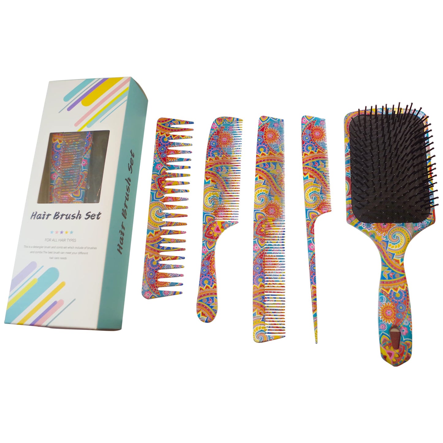 The Oriental Hair Brush and Comb Set by BeaverStrong - Far East All Purpose Large Paddle Brush and Combs Kit for Men and Women (5-Pack)