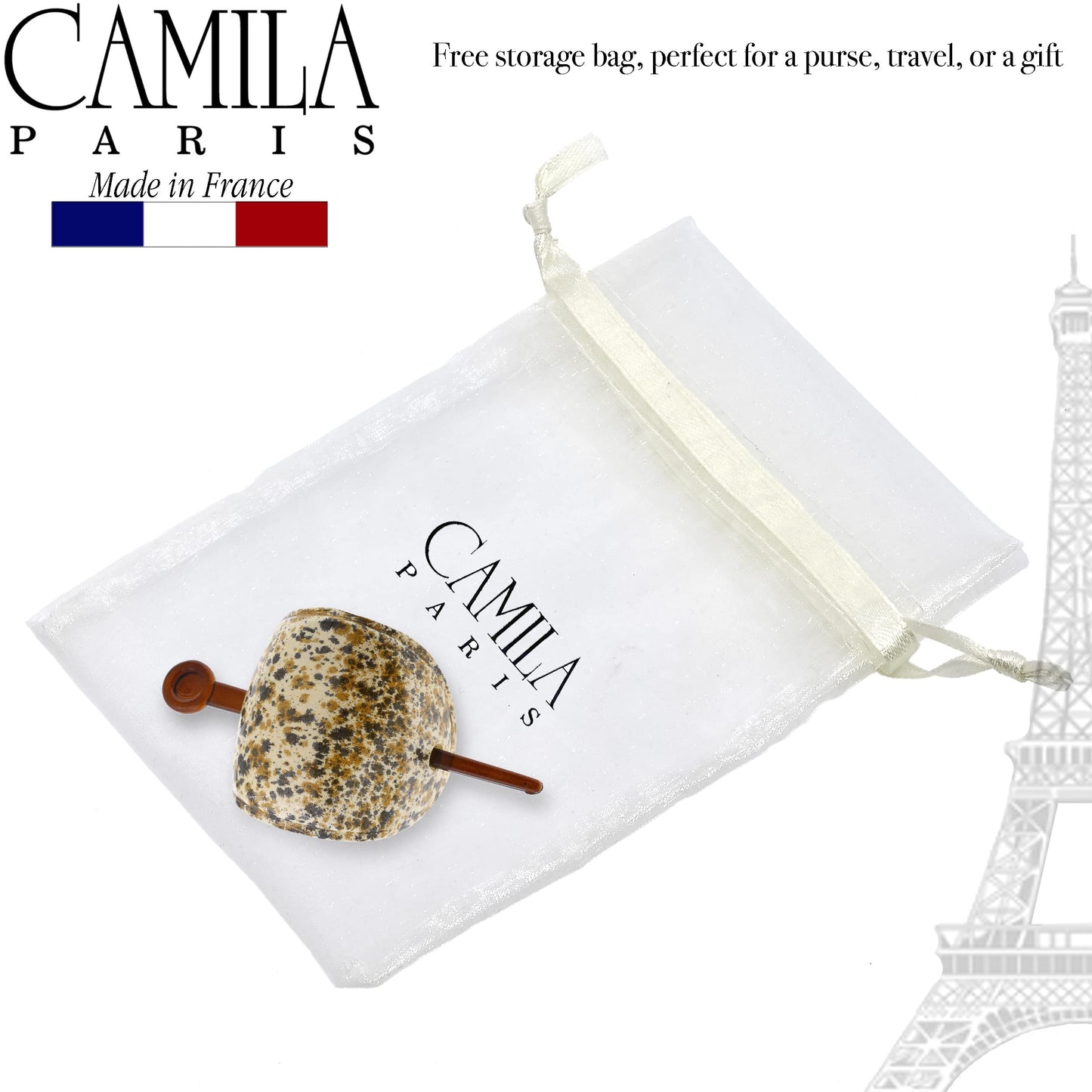 Camila Paris CP3342 French Hair Bun Holder Cover Cap Hair Updo, Camouflage, Hair Pin Thru, Strong Hold Grip Hair Clips for Women, No Slip and Durable Styling Girls Hair Accessories, Made in France