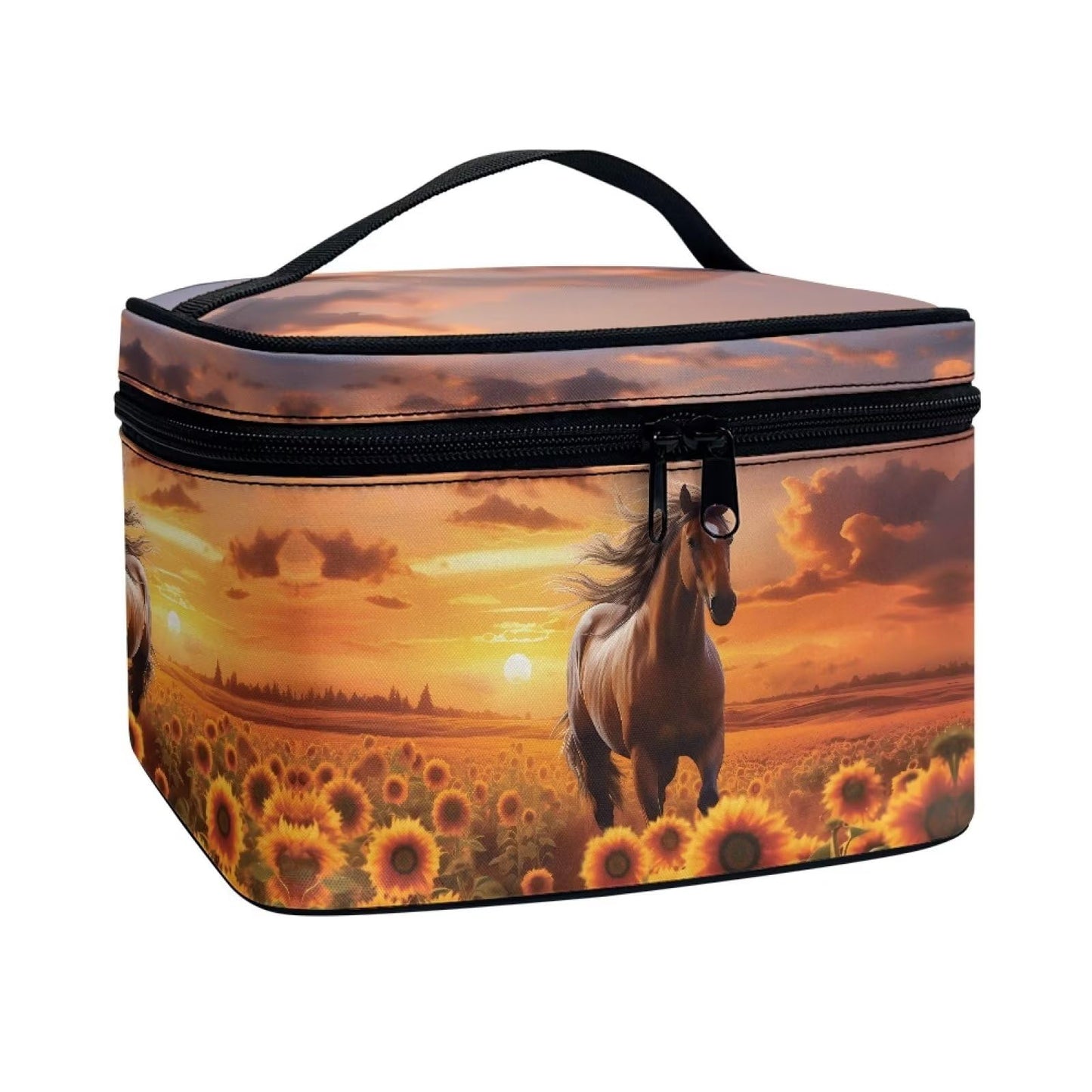 doginthehole Horse Sunset Cosmetic Bag Make Up Travel Bag for Women Sunflower Toiletry Bag Zipper Traveling Organizer Bag Large Portable Cosmetic Brush Bag with Handle