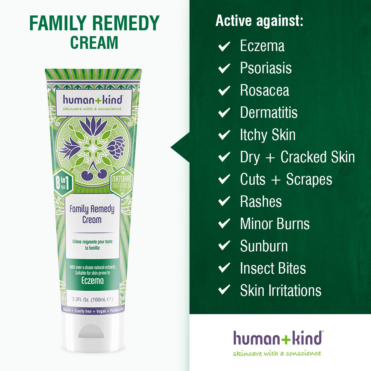 Human + Kind Family Remedy Cream, Multi-Purpose Cream for Eczema, Psoriasis, Dry and Sensitive Skin, Insect Bites, 3.53 Ounce