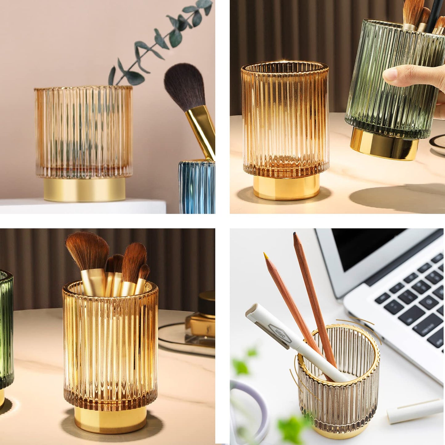 Makeup Brush Holders Organizer for Vanity Countertop Crystal Cosmetic Makeup Brush Glass Brushes Storage Holder Retro Eyeliners Eyebrow Pen Pencil Holder Organizers (S+L,Gold)